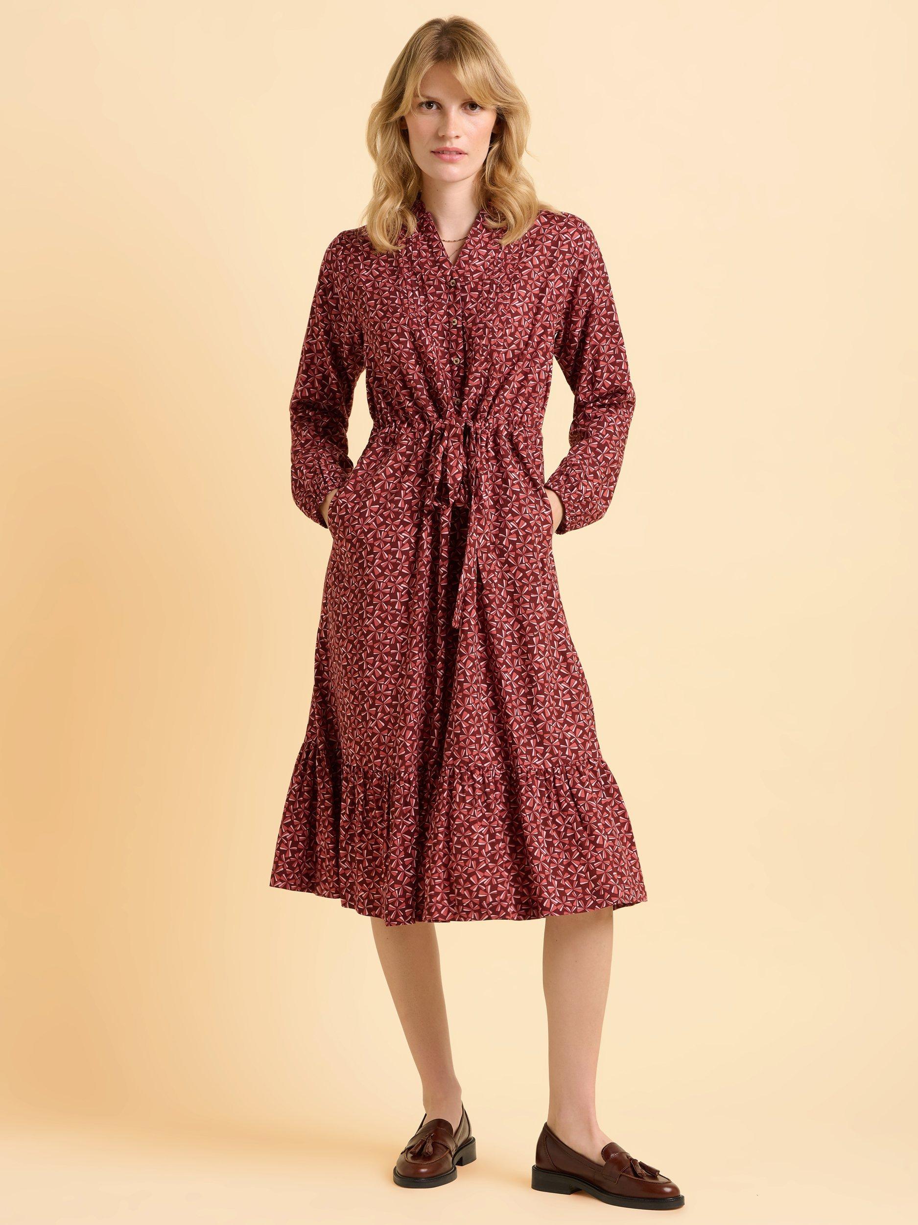 Product image 5 of 5, which shows Brakeburn Meadow Abstract Pattern Long Sleeve V Neck Midi Dress, Burgundy, 8