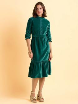 Brakeburn Starry Cotton Blend Broderie Frill Three-Quarter Sleeve Collar Midi Shirt Dress, Turquoise