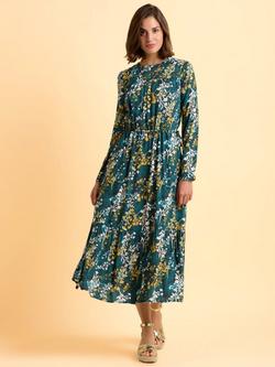 Brakeburn Vibrant Leaves Print A-Line Midi Dress, Teal