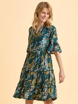 Brakeburn Vivid Tiered V-Neck Leave Print Dress, Teal/Multi