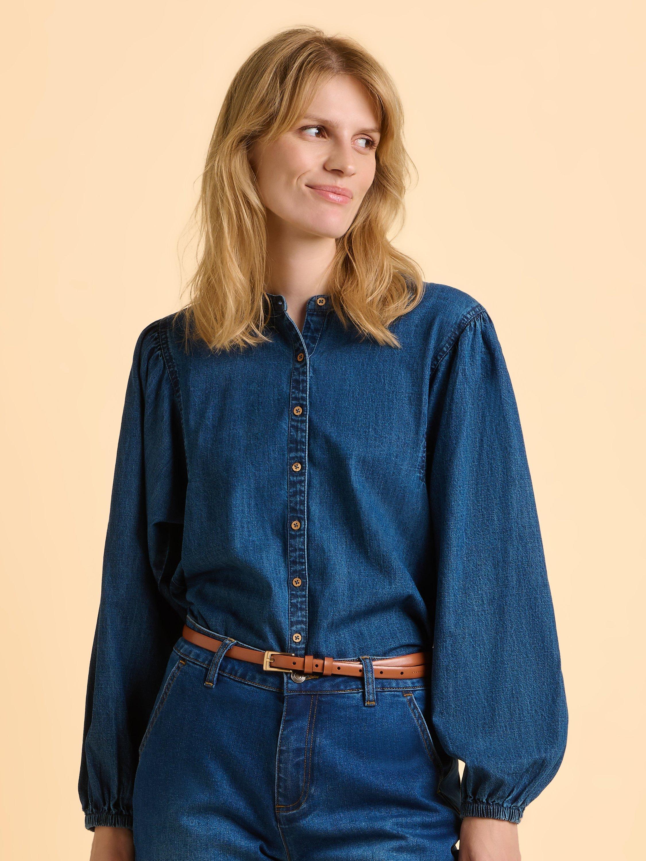 Product image 1 of 6, which shows Brakeburn Auri Long Sleeve Cotton Denim Blouse, Blue, 8