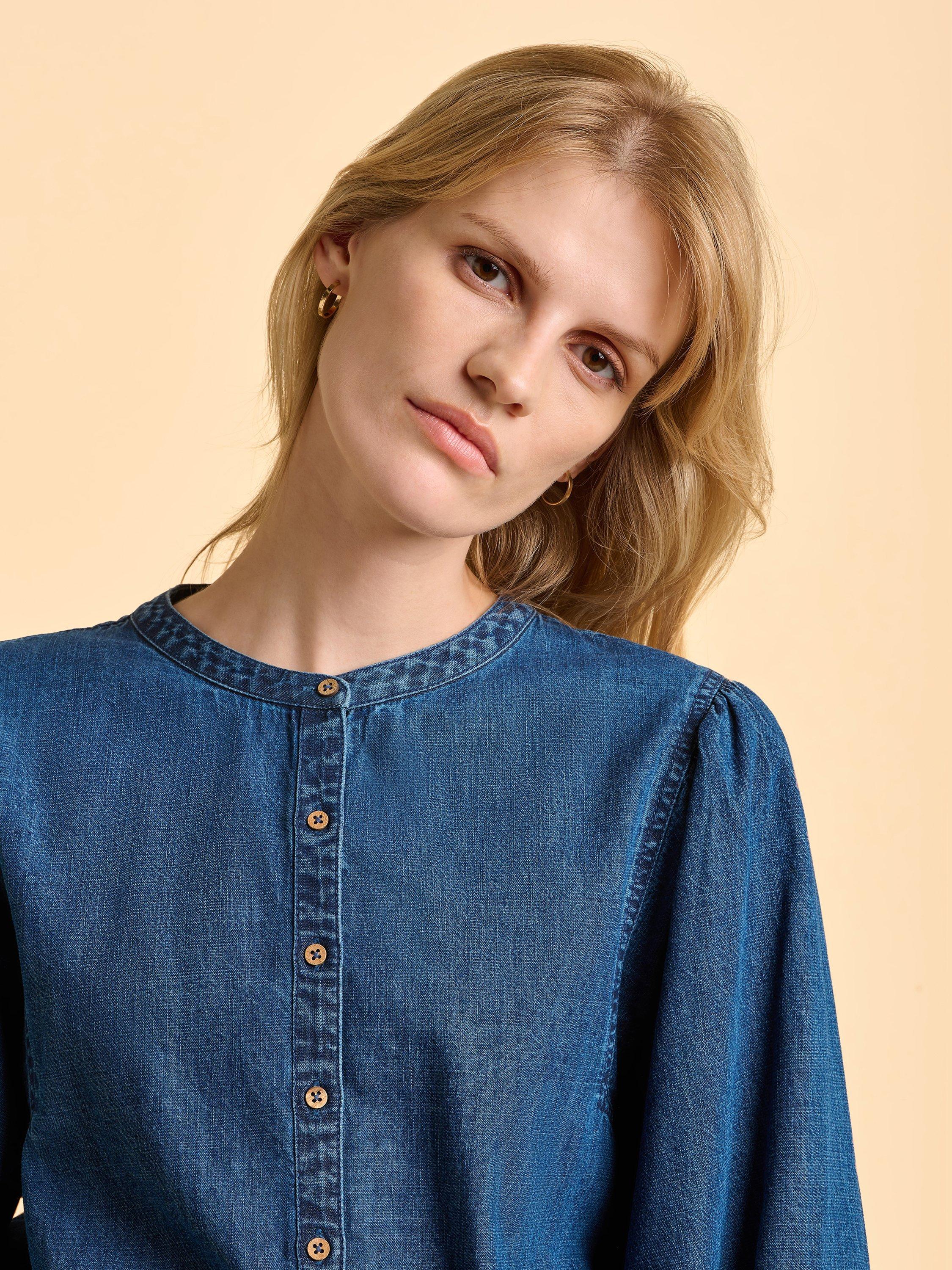 Product image 4 of 6, which shows Brakeburn Auri Long Sleeve Cotton Denim Blouse, Blue, 8