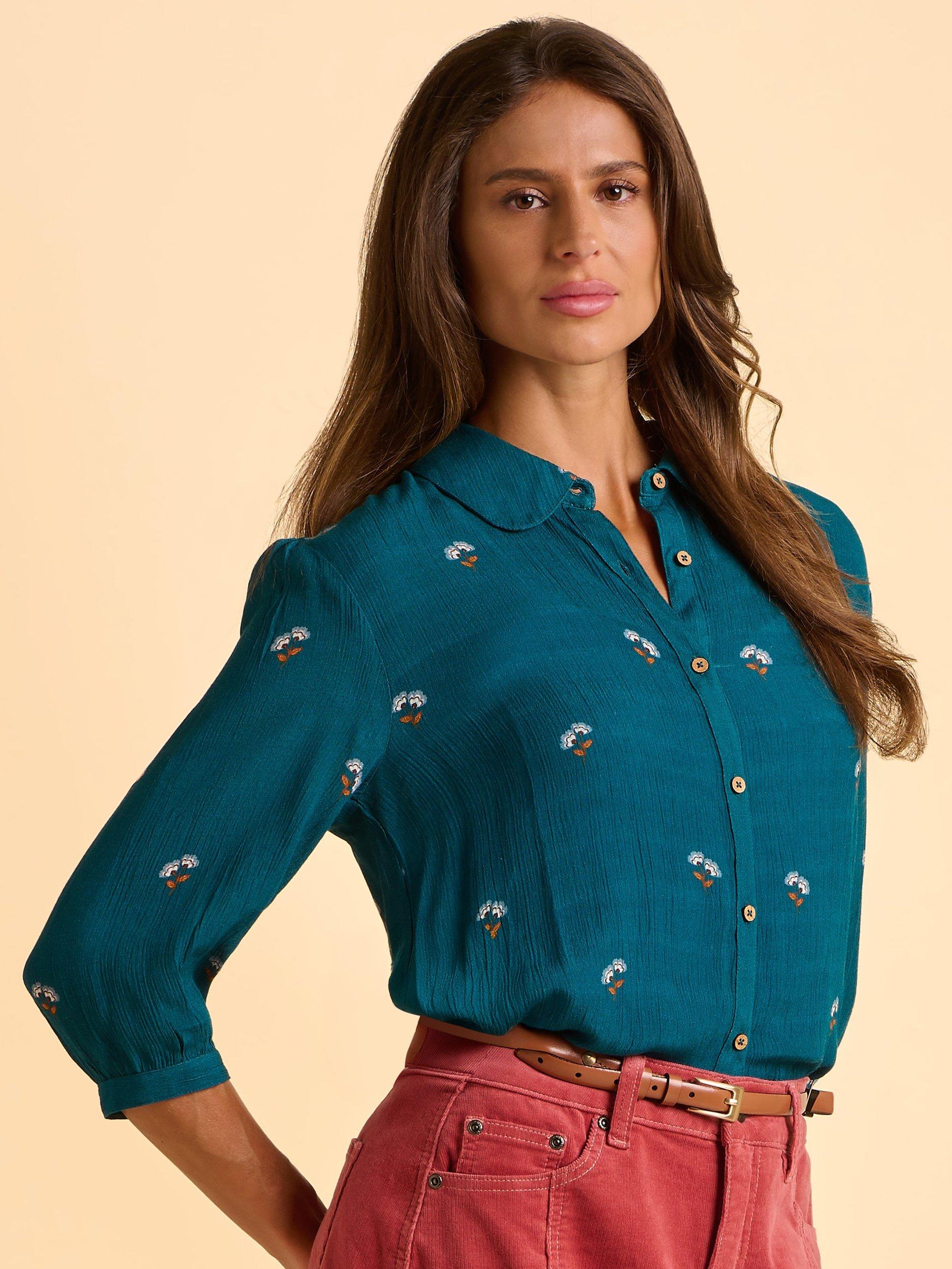 Product image 1 of 5, which shows Brakeburn Brooke Floral Wood Buttoned Blouse, Blue, 8