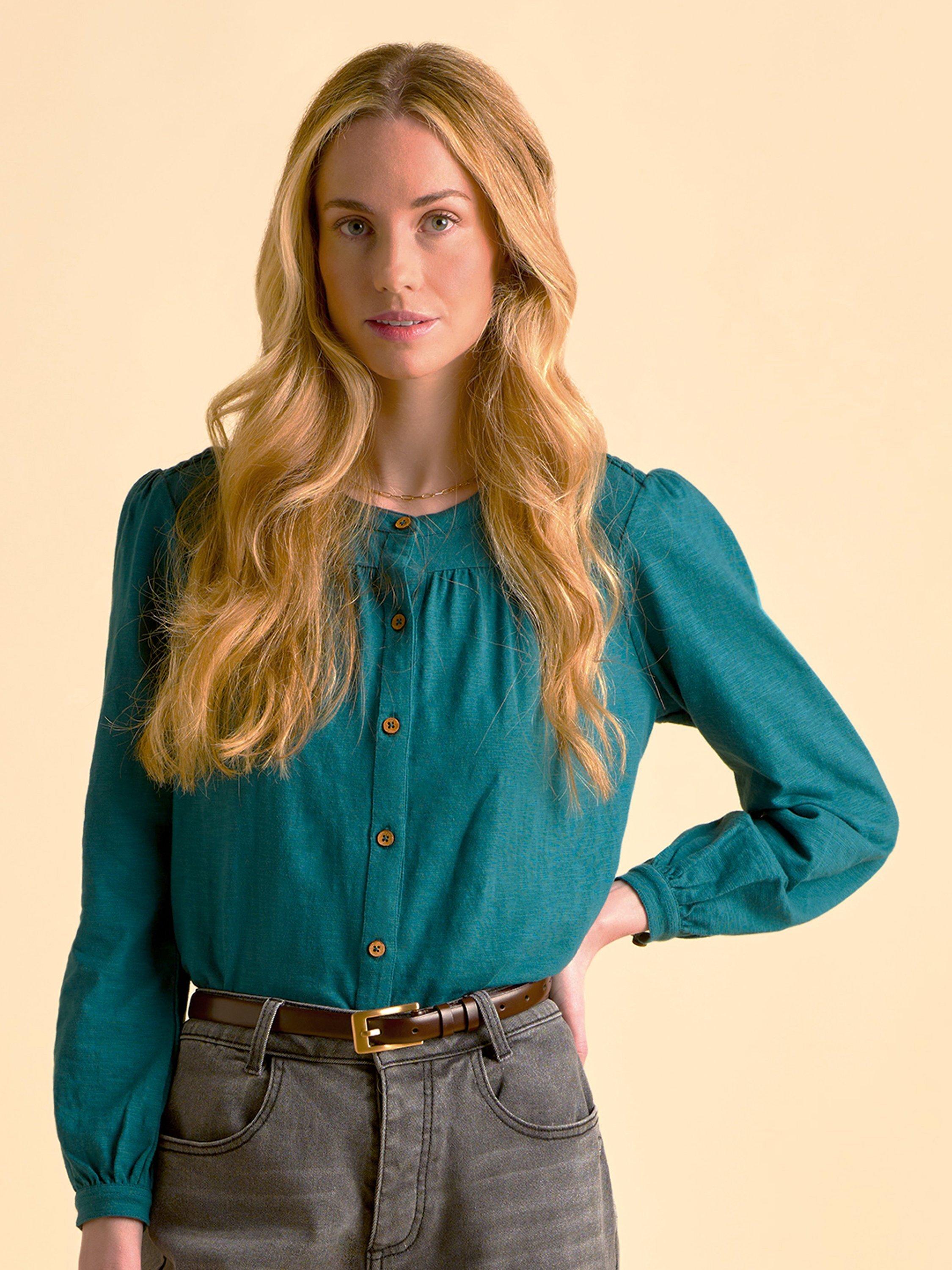 Product image 1 of 5, which shows Brakeburn Camilla Long Sleeve Cotton Blouse, Blue, 8
