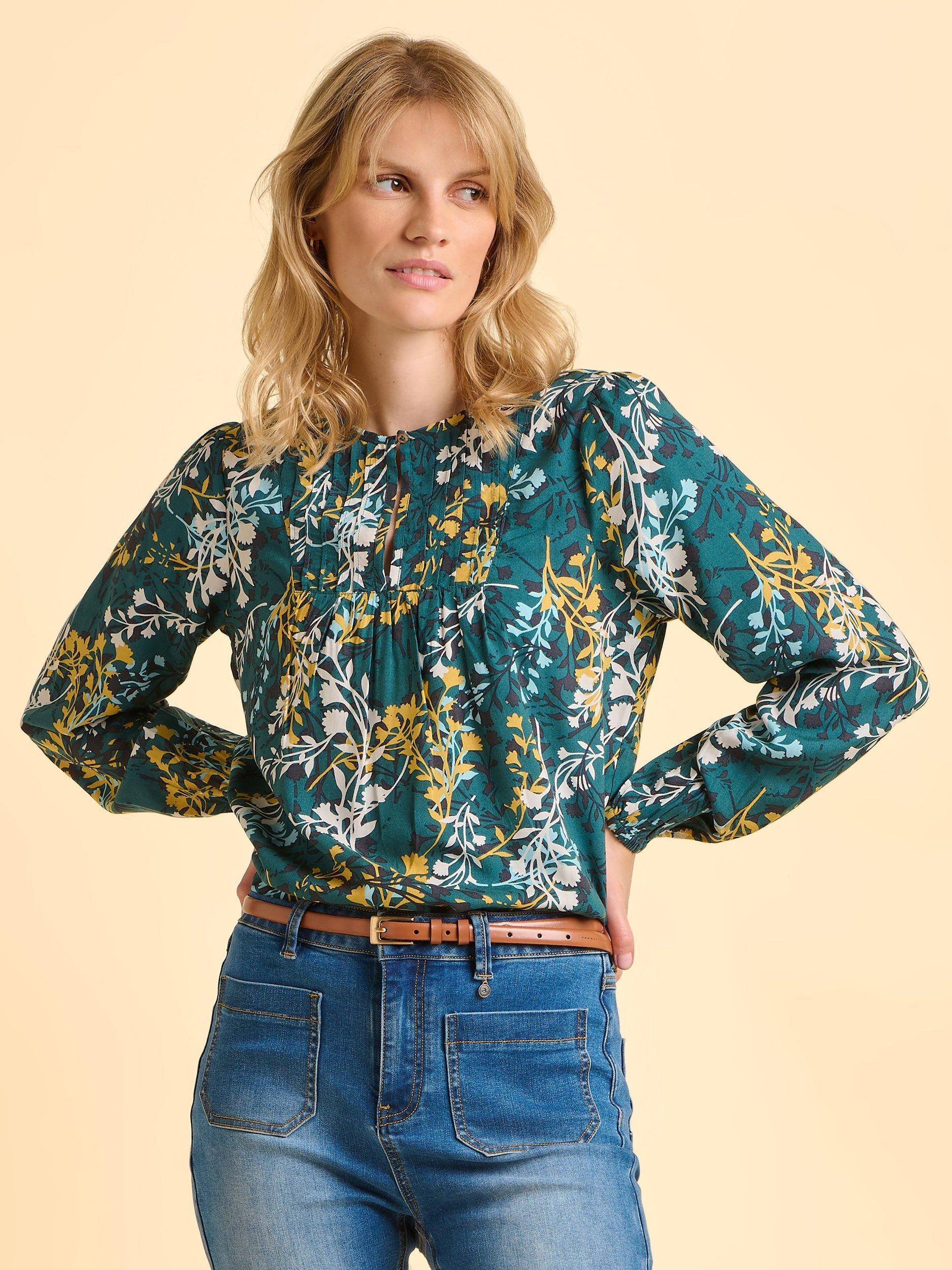 Product image 1 of 6, which shows Brakeburn Camille Leaves Print Classic Blouse, Teal/Multi, 8