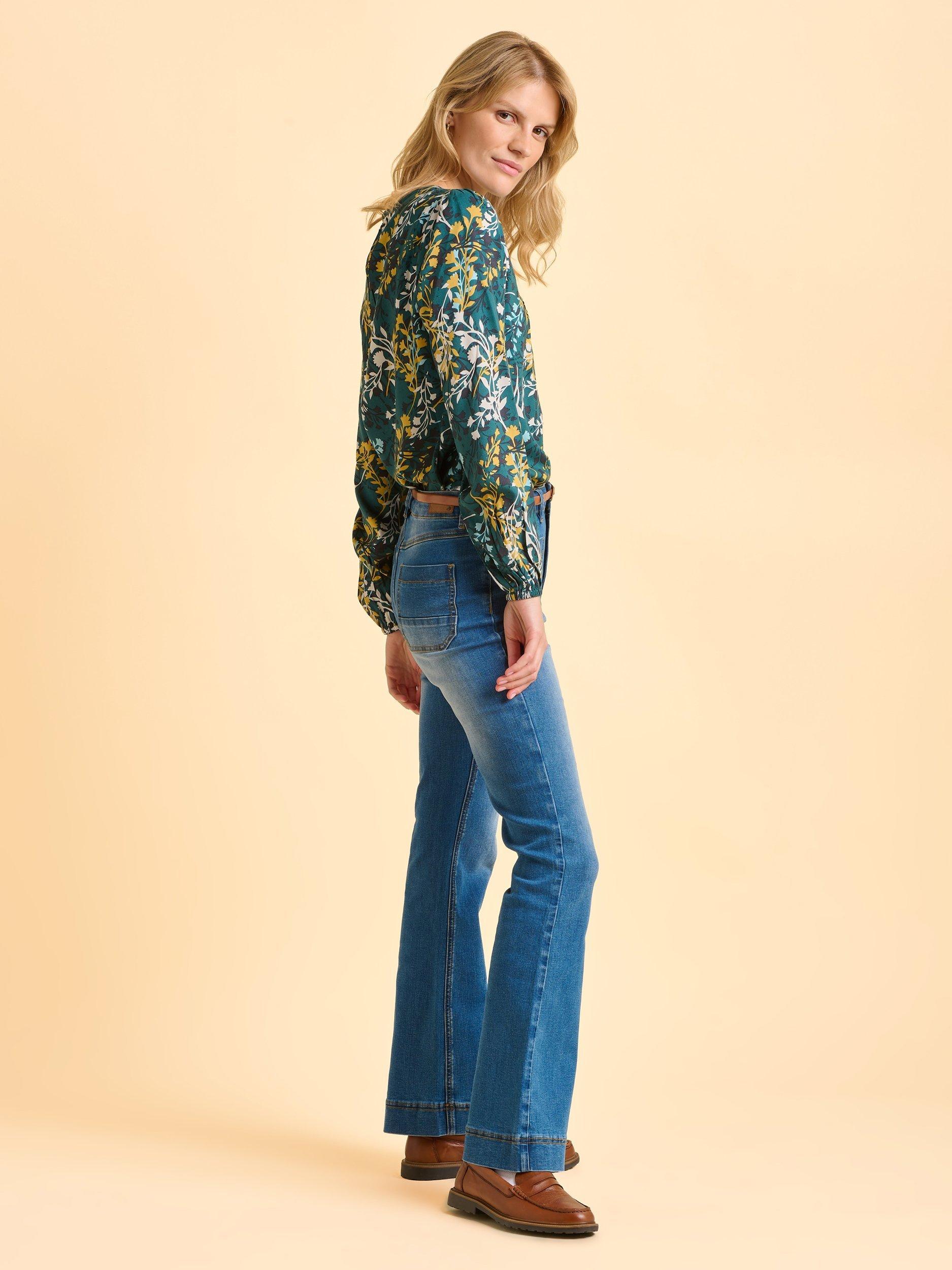 Product image 3 of 6, which shows Brakeburn Camille Leaves Print Classic Blouse, Teal/Multi, 8