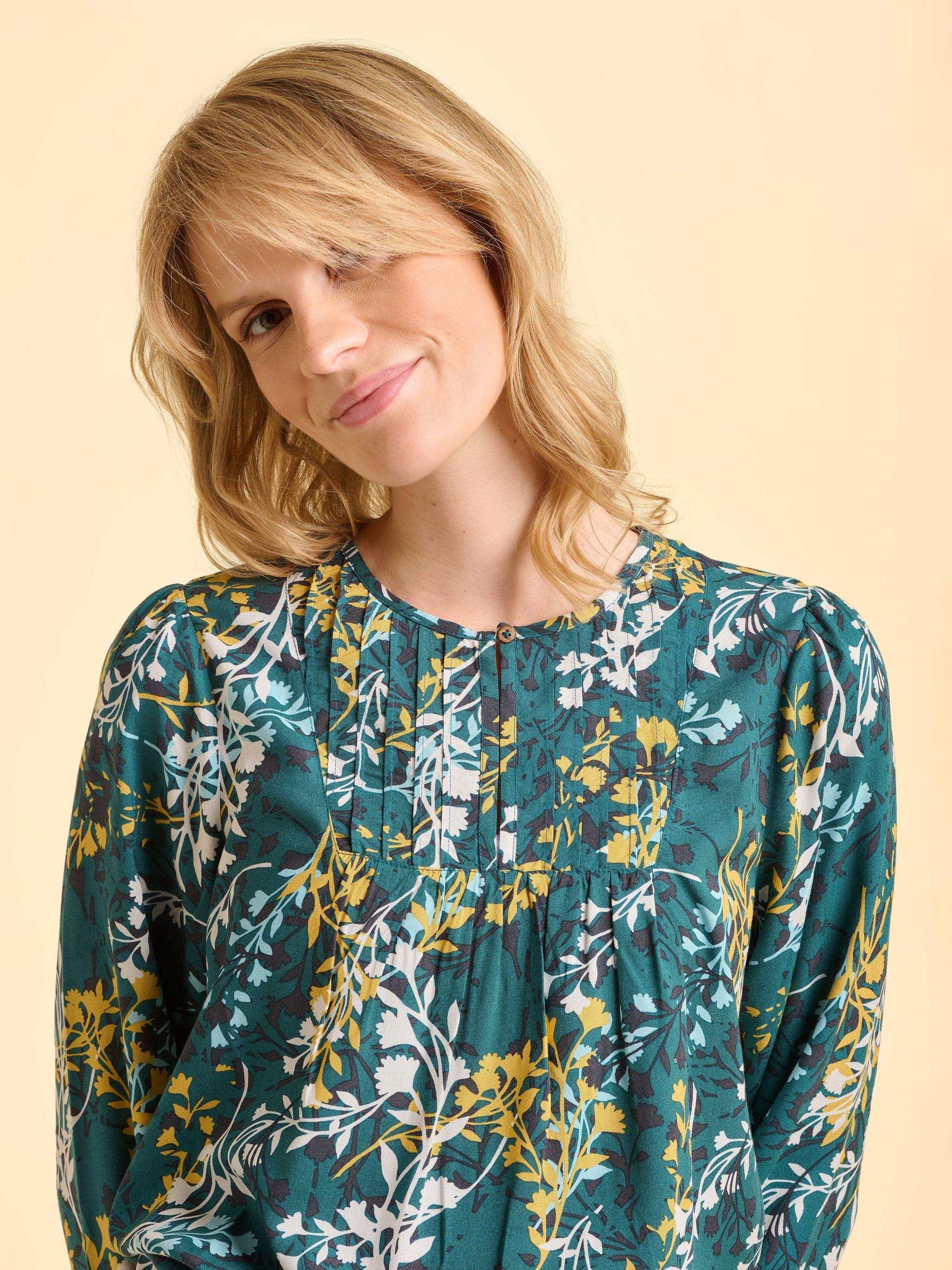 Product image 4 of 6, which shows Brakeburn Camille Leaves Print Classic Blouse, Teal/Multi, 8