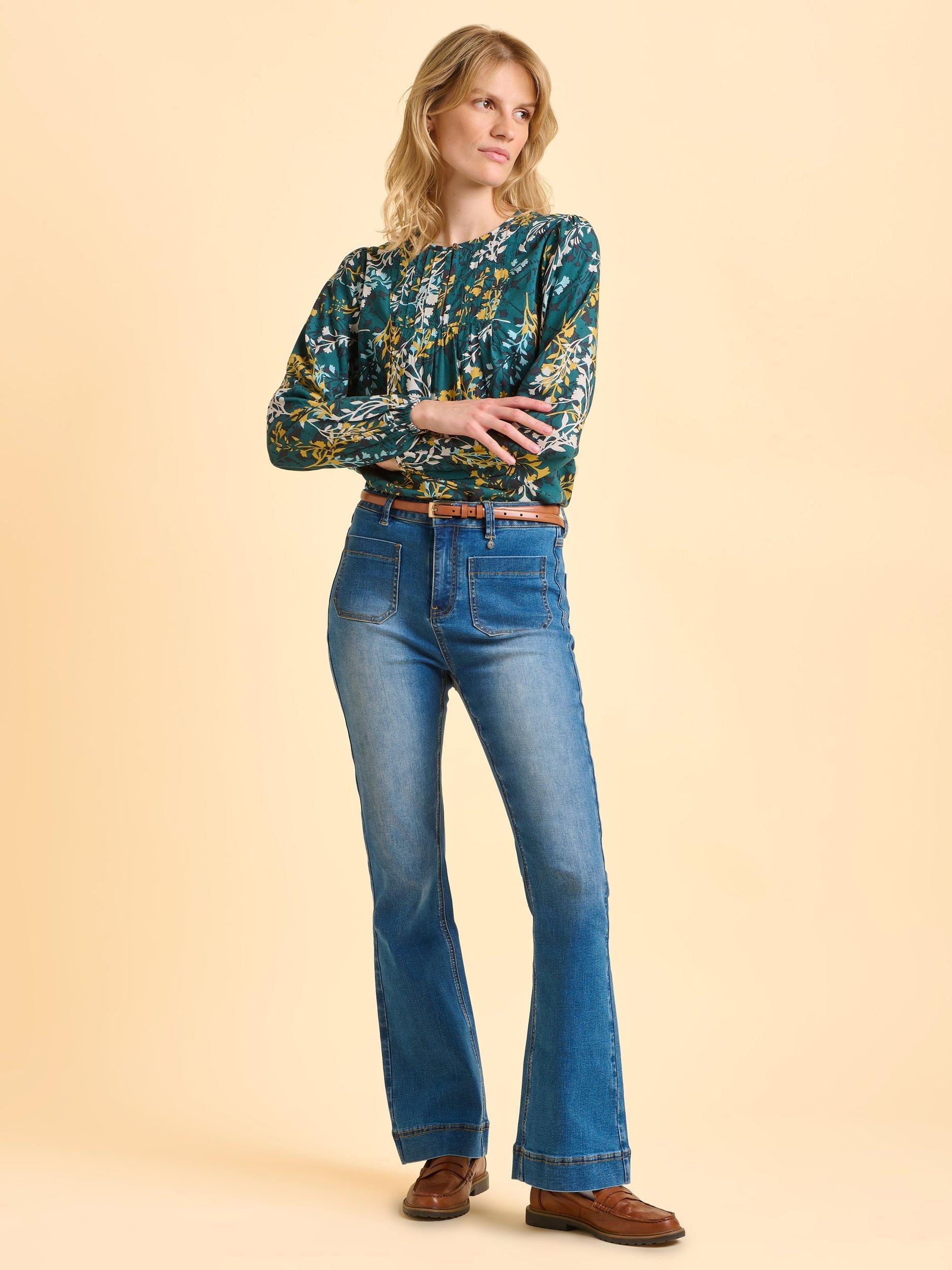 Product image 6 of 6, which shows Brakeburn Camille Leaves Print Classic Blouse, Teal/Multi, 8