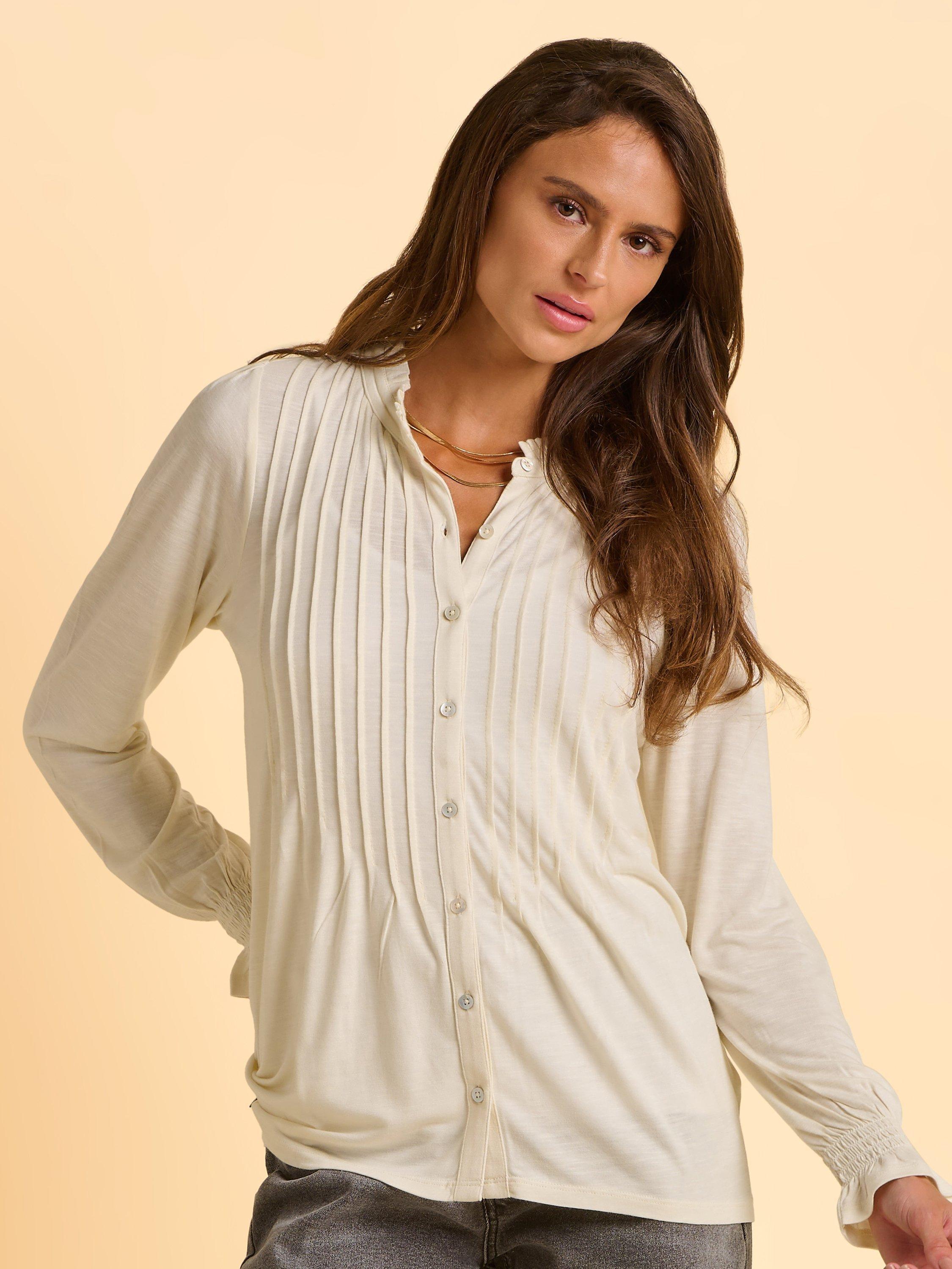 Product image 6 of 6, which shows Brakeburn Dalli Frill Neckline Textured Long Sleeve Blouse, Cream, 8