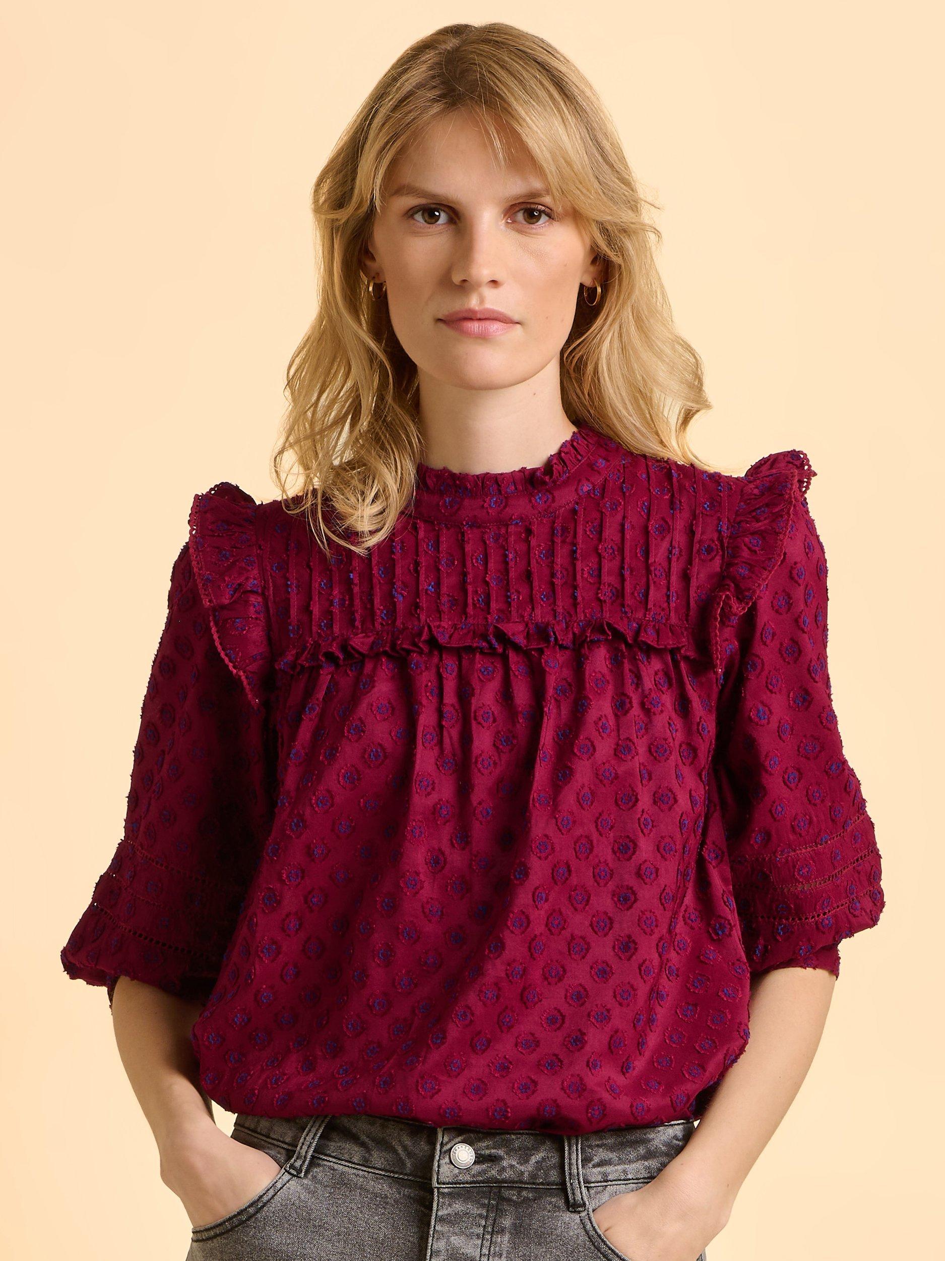 Product image 1 of 6, which shows Brakeburn Grace Textured Funnel Neck Blouse, Red, 8