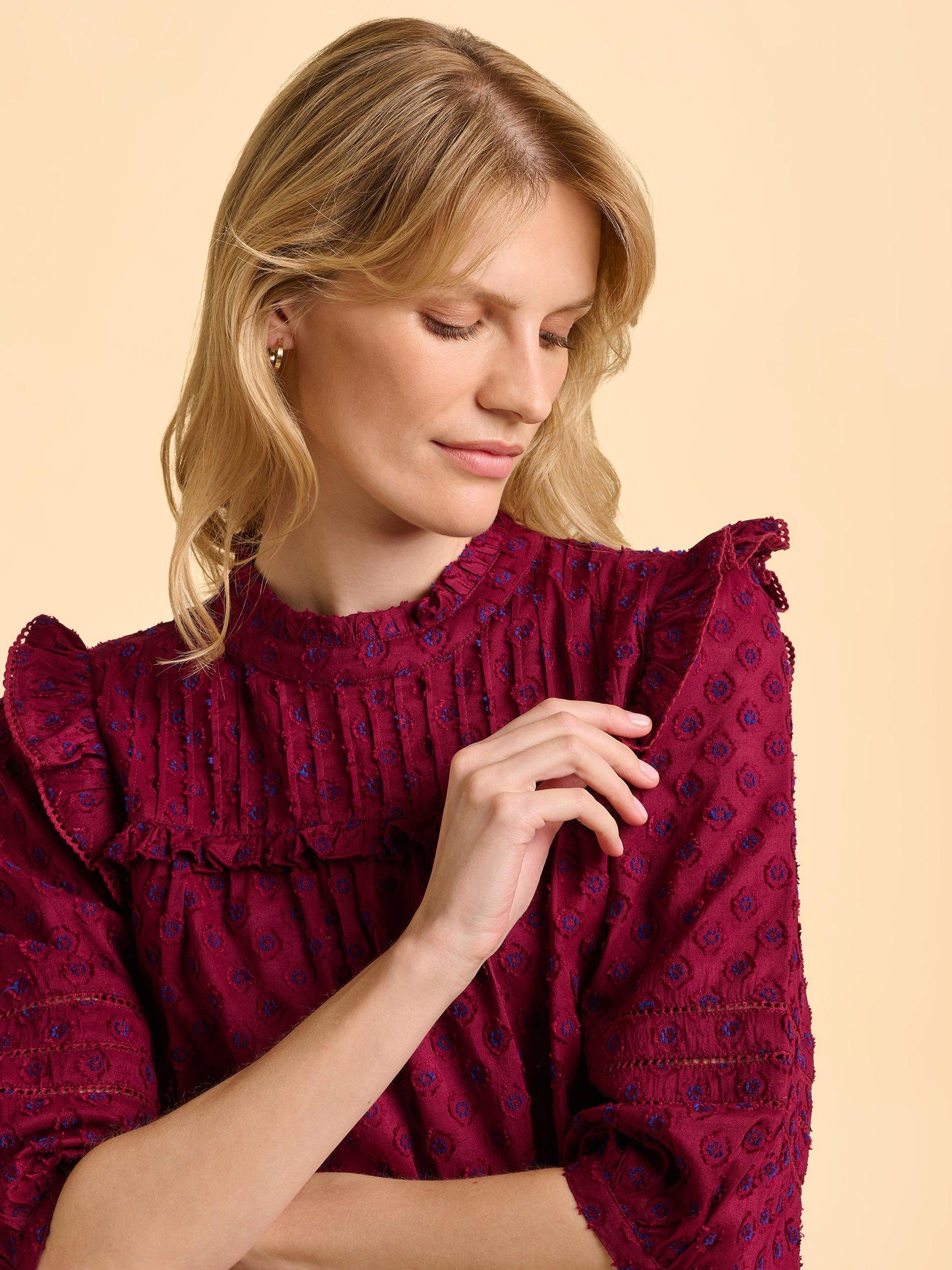 Product image 4 of 6, which shows Brakeburn Grace Textured Funnel Neck Blouse, Red, 8