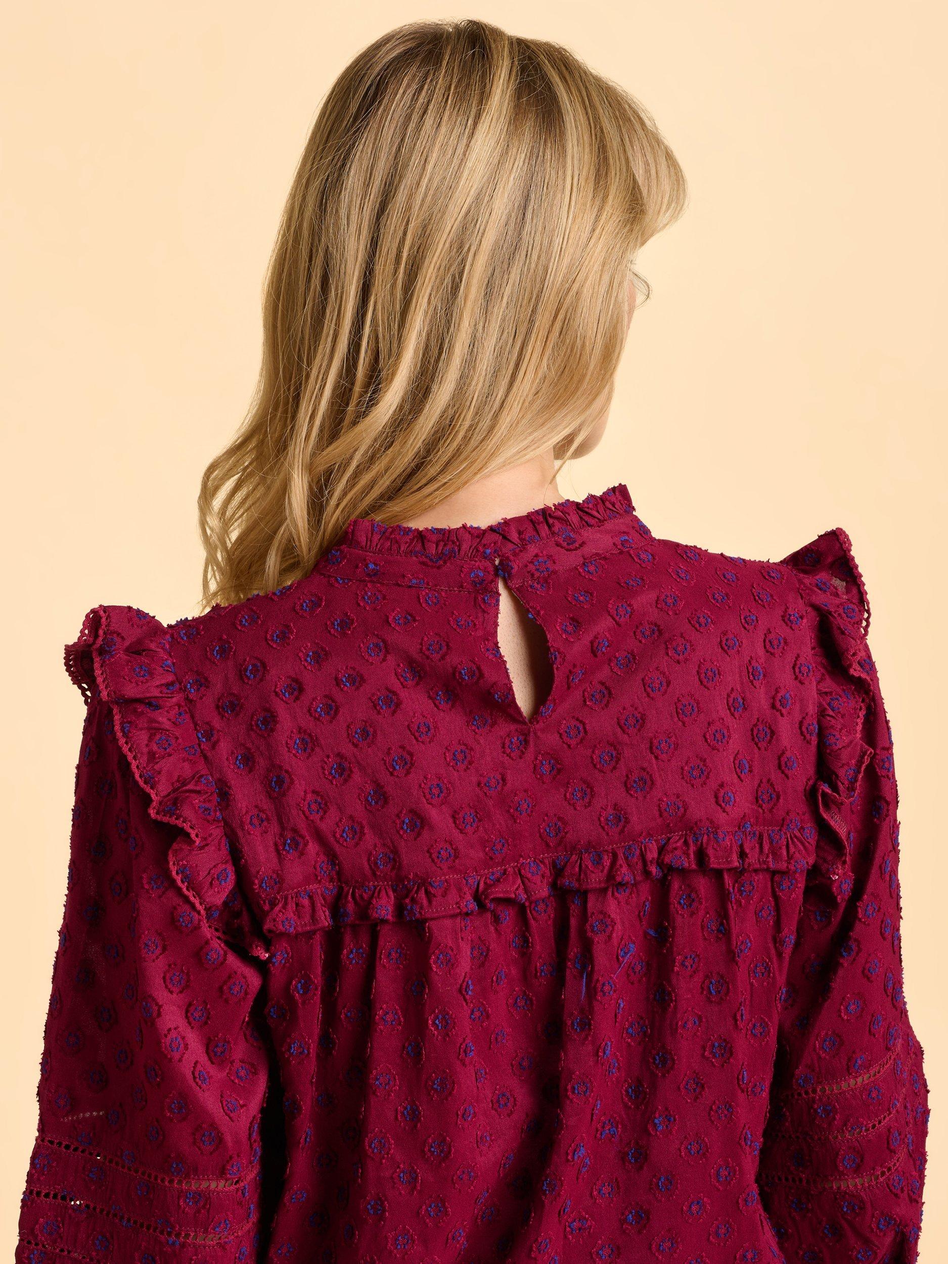 Product image 5 of 6, which shows Brakeburn Grace Textured Funnel Neck Blouse, Red, 8