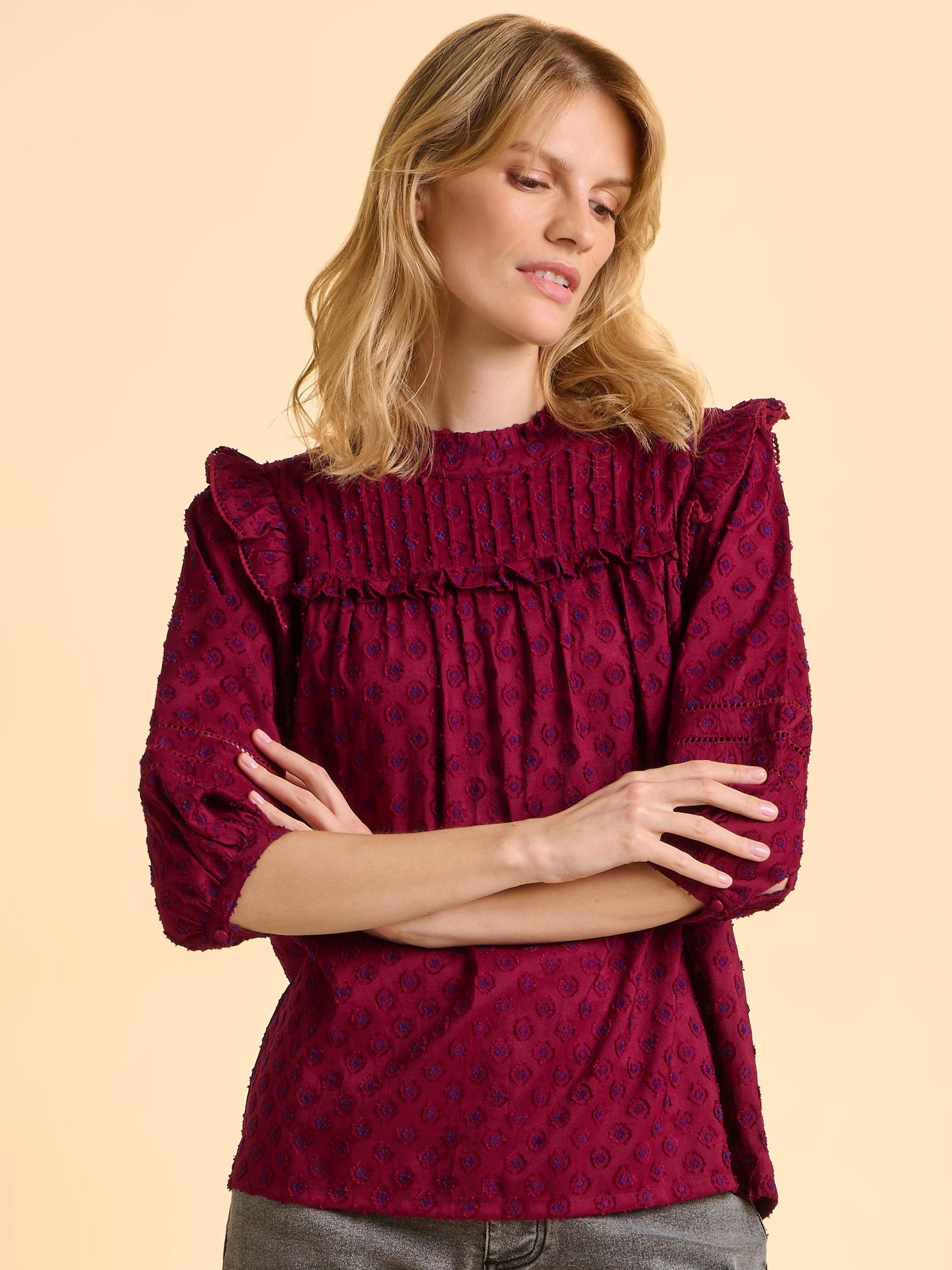 Product image 6 of 6, which shows Brakeburn Grace Textured Funnel Neck Blouse, Red, 8