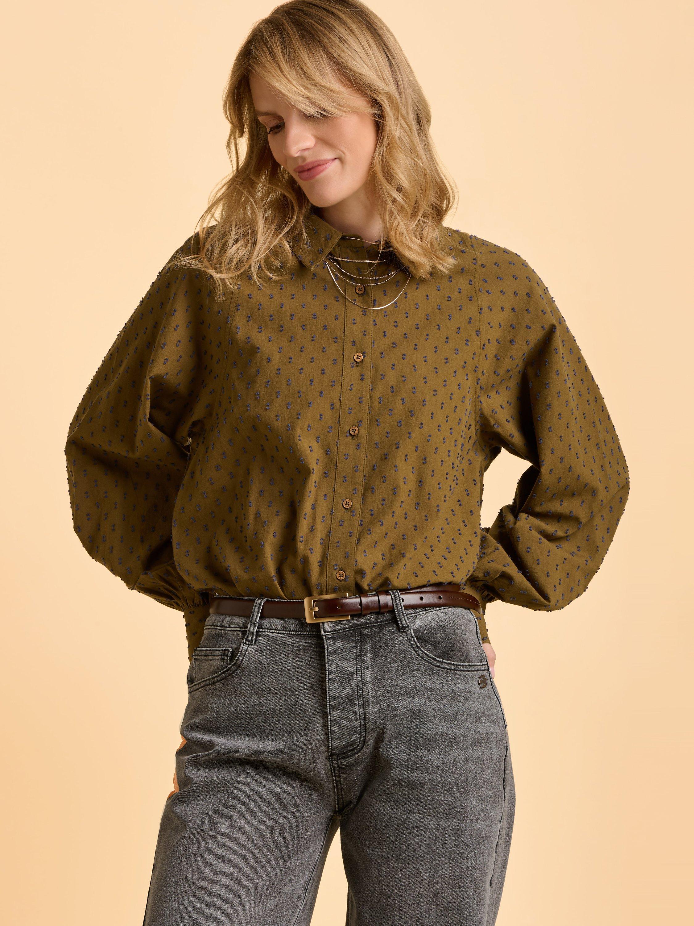 Product image 1 of 6, which shows Brakeburn Julia Textured Long Sleeve Collared Blouse, Green, 8