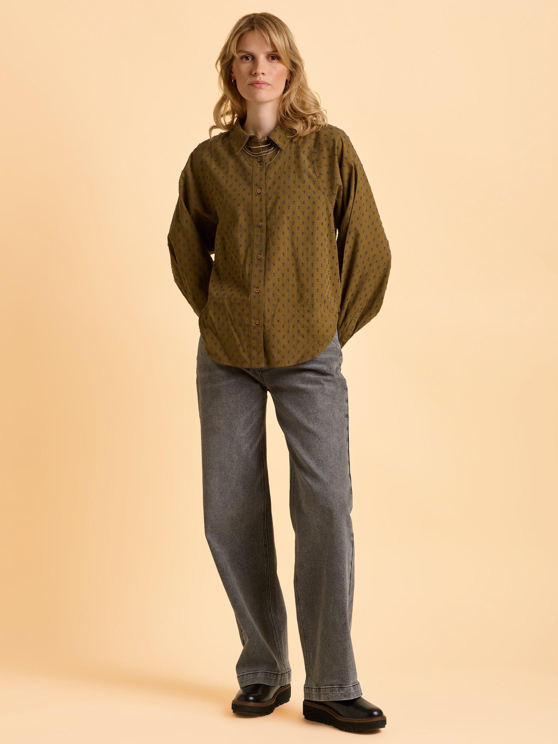 Product image 6 of 6, which shows Brakeburn Julia Textured Long Sleeve Collared Blouse, Green, 8