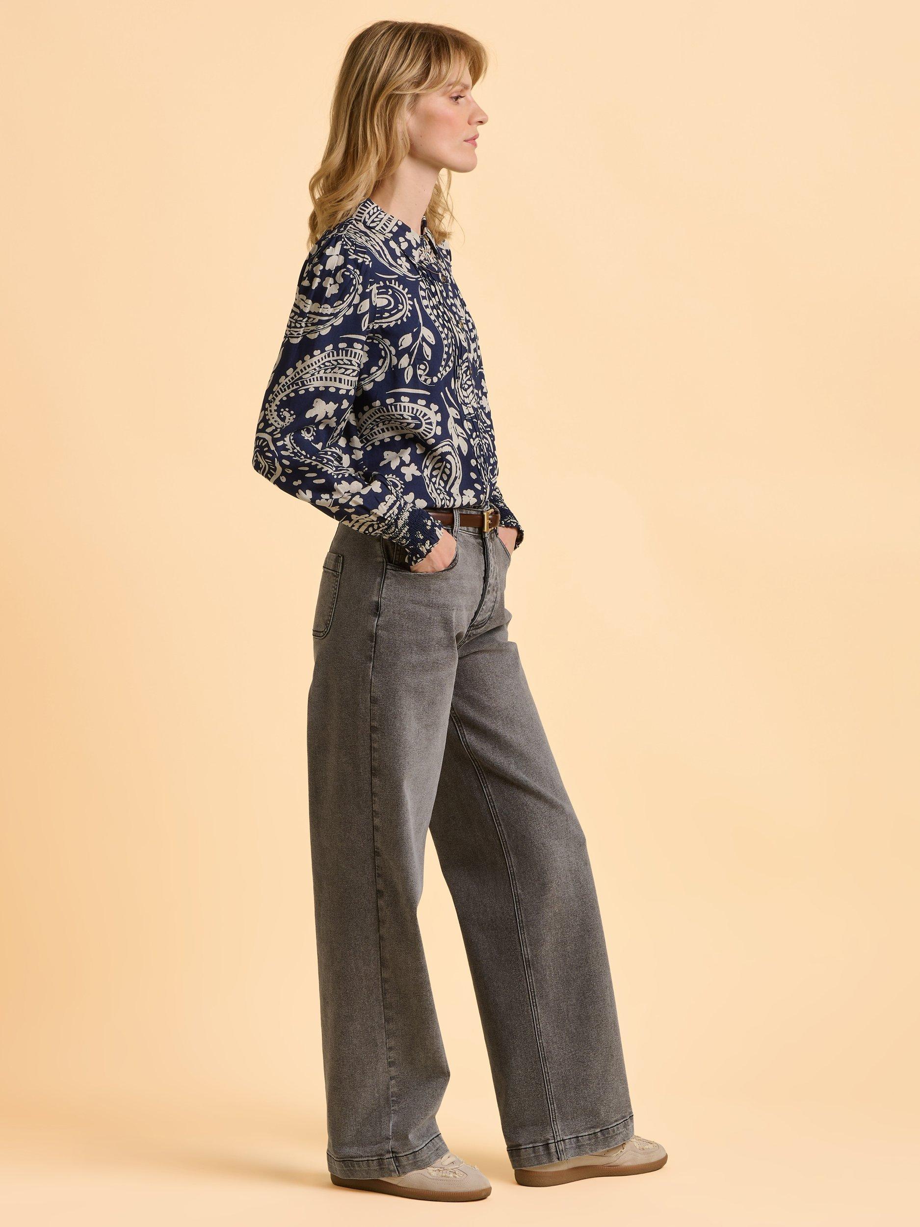 Product image 3 of 5, which shows Brakeburn Patti Paisley Long Sleeve Collared Blouse, Navy/Beige, 8