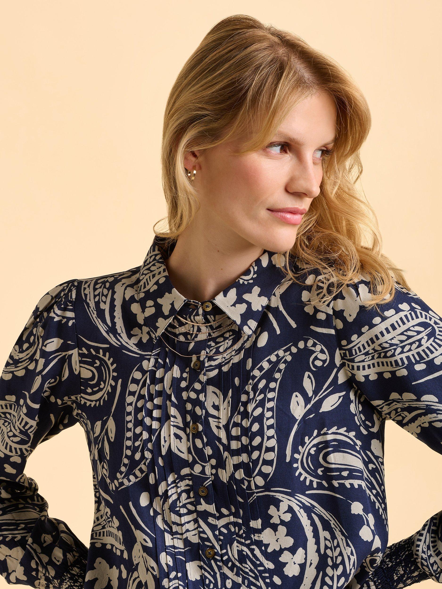 Product image 4 of 5, which shows Brakeburn Patti Paisley Long Sleeve Collared Blouse, Navy/Beige, 8