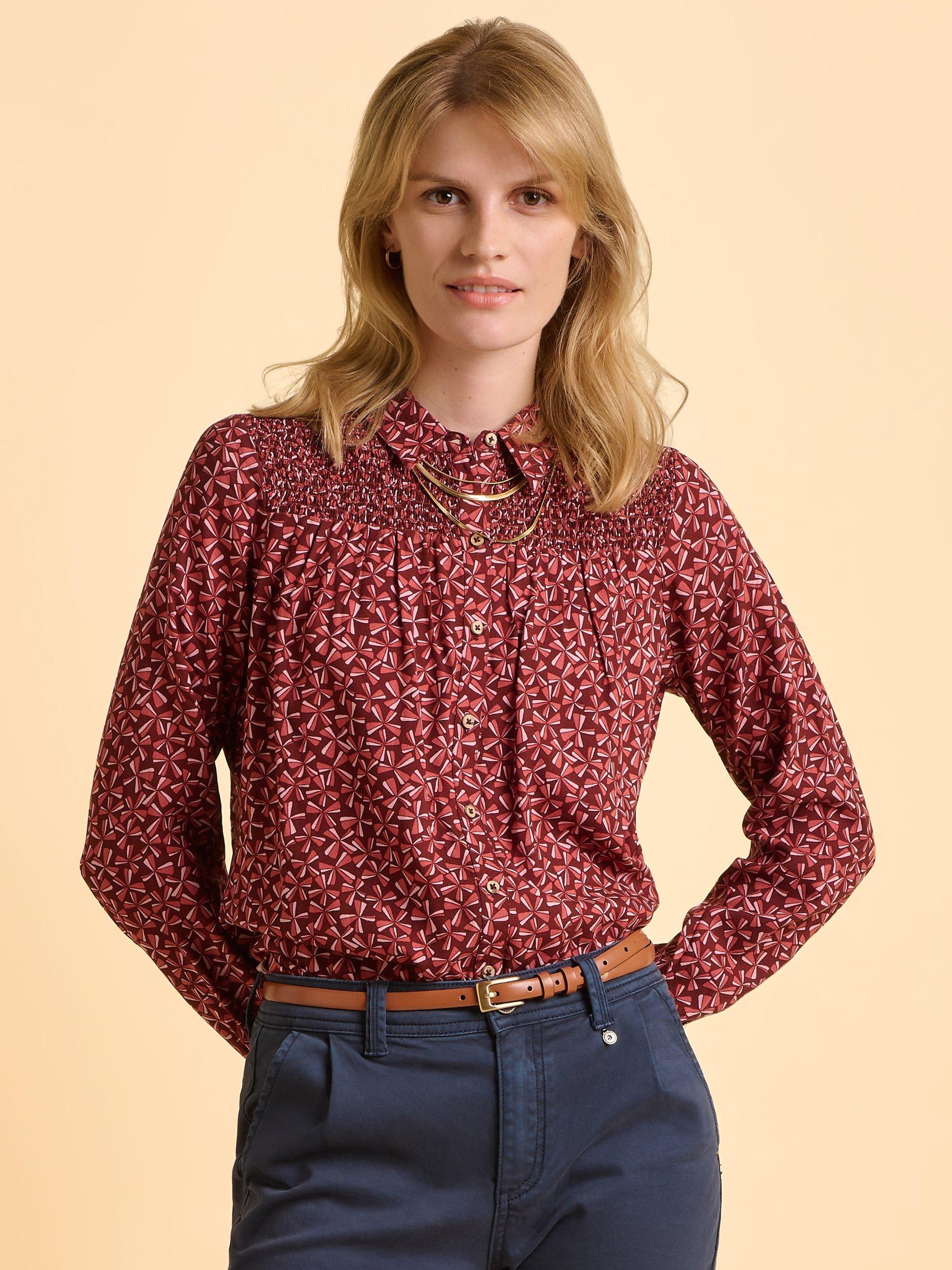 Product image 1 of 6, which shows Brakeburn Sabine Abstract Print Ruched Shoulder Collared Blouse, Red, 8