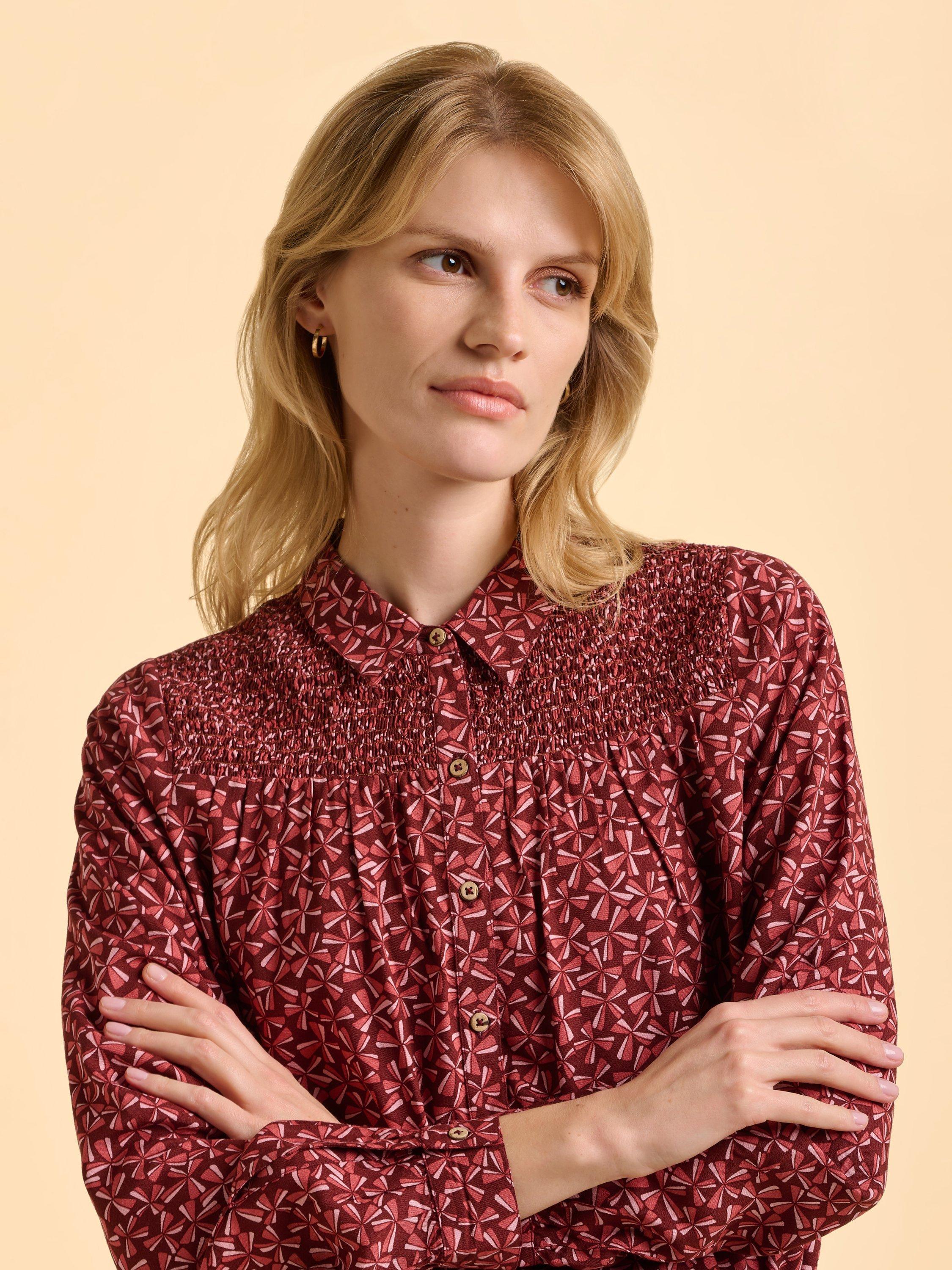 Product image 4 of 6, which shows Brakeburn Sabine Abstract Print Ruched Shoulder Collared Blouse, Red, 8