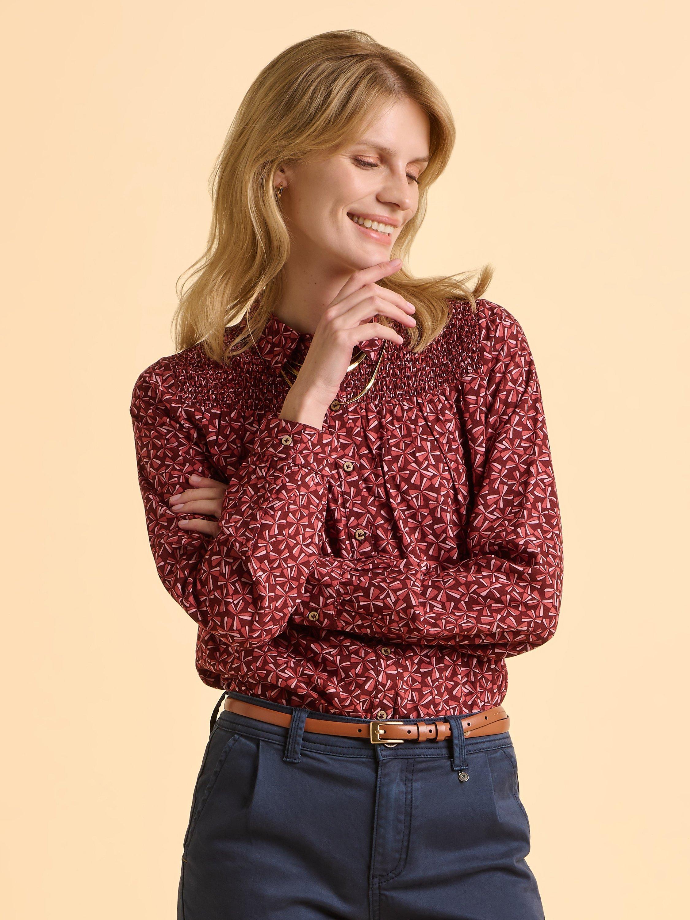 Product image 5 of 6, which shows Brakeburn Sabine Abstract Print Ruched Shoulder Collared Blouse, Red, 8