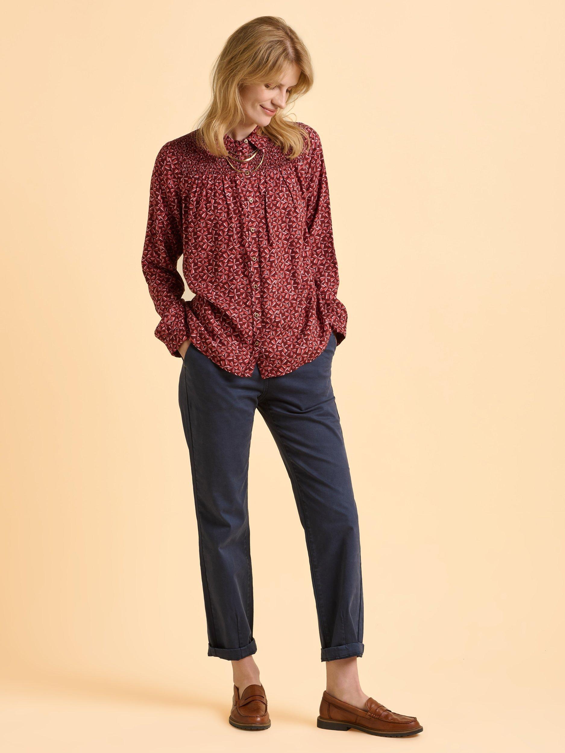 Product image 6 of 6, which shows Brakeburn Sabine Abstract Print Ruched Shoulder Collared Blouse, Red, 8