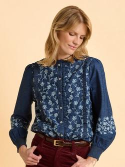 Brakeburn Sienna Frill Collar Floral Broderie Cotton Blend Blouse, Blue