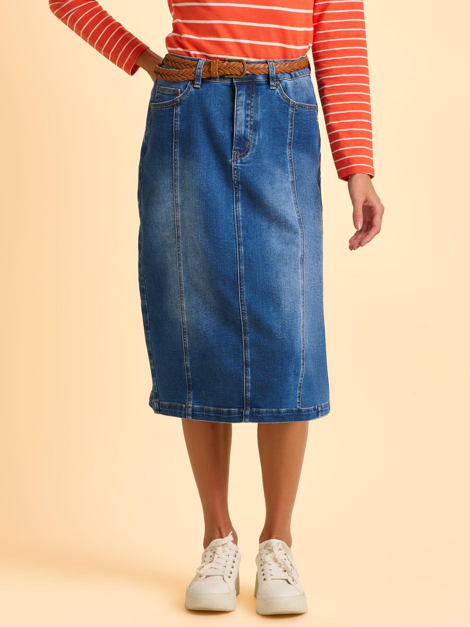 Product image 1 of 5, which shows Brakeburn Nicola Denim Midi Skirt, Blue, 8