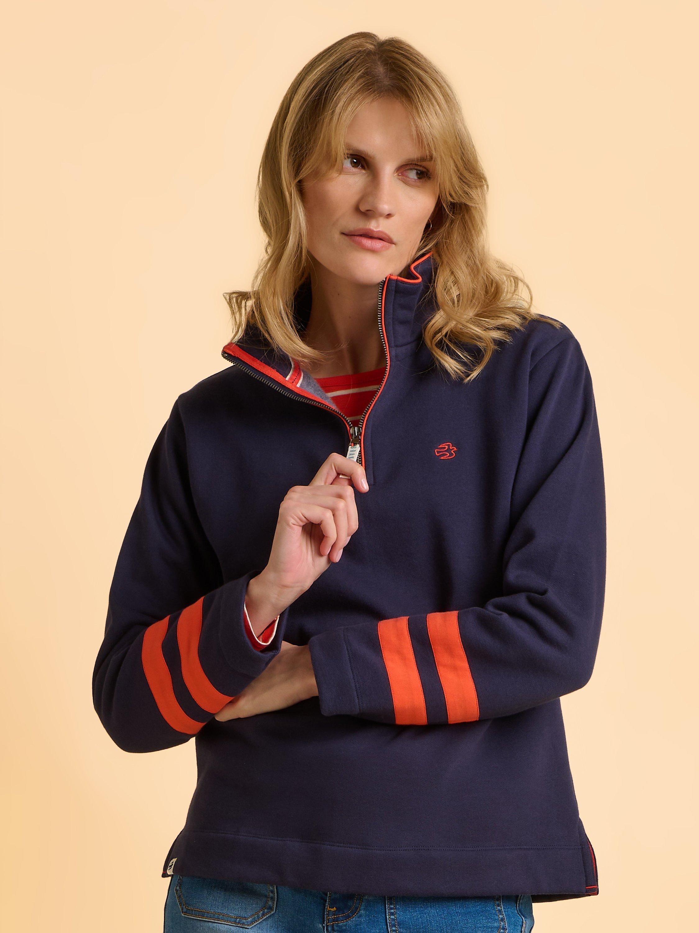 Product image 1 of 6, which shows Brakeburn Broadstone Cotton Blend Zip Neck Sweatshirt, Navy, 8