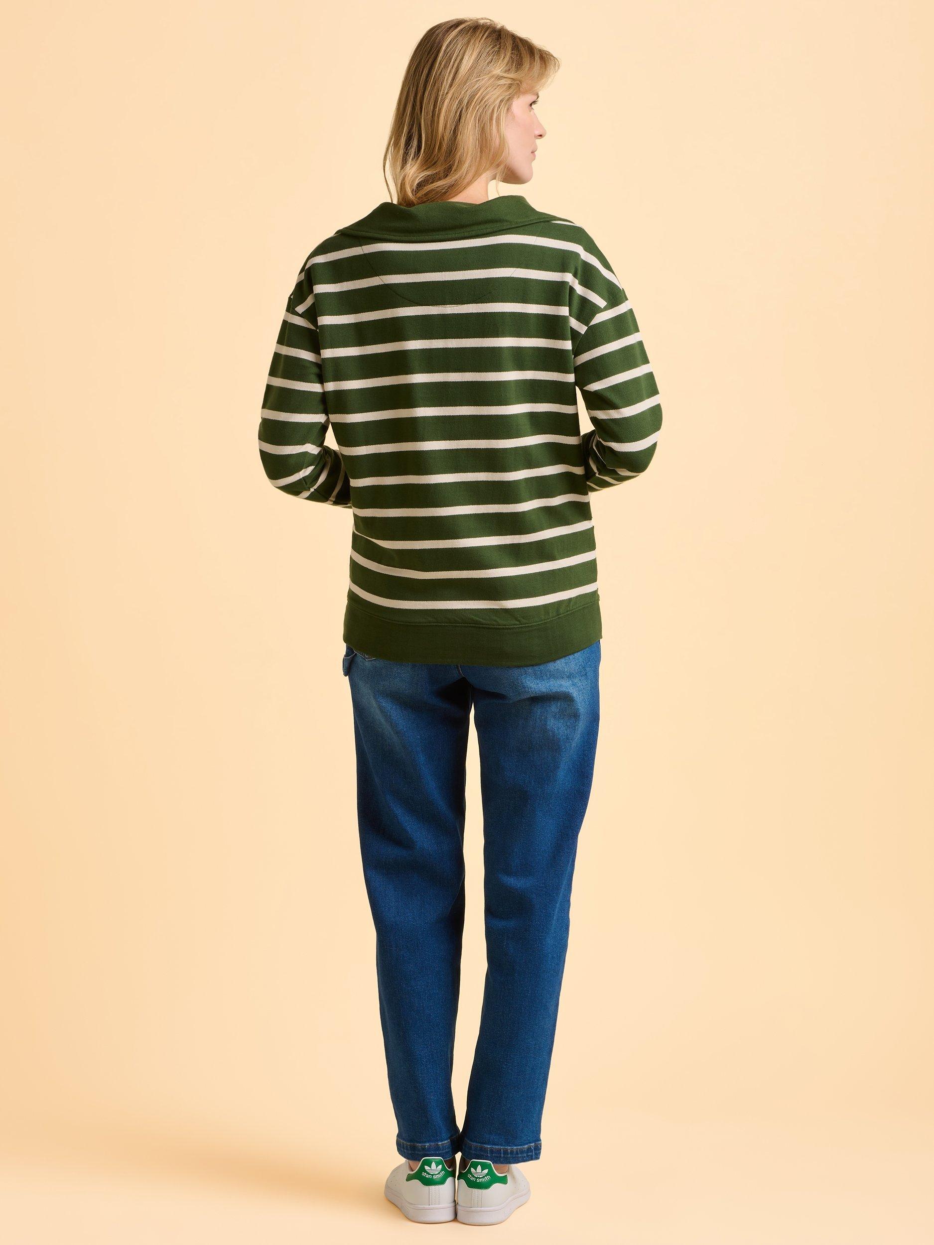 Product image 2 of 5, which shows Brakeburn Charmouth Cotton Stripe Zip Neck Sweatshirt, Green, 8