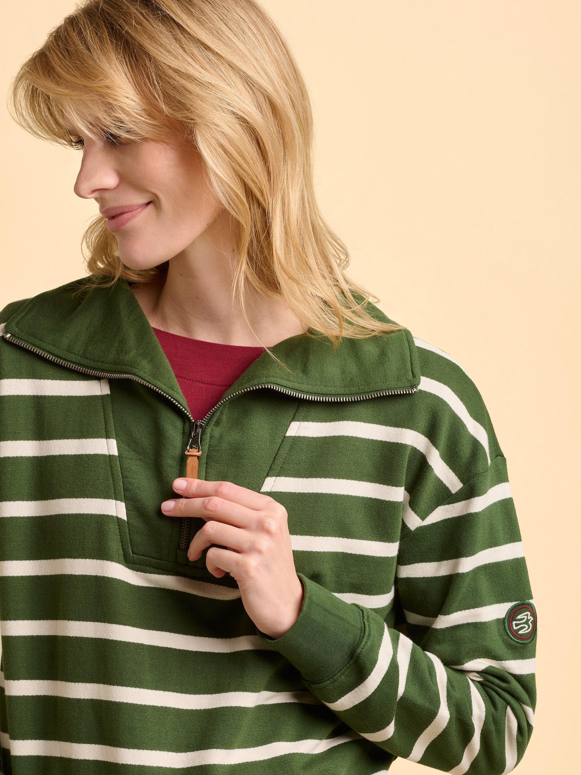 Product image 4 of 5, which shows Brakeburn Charmouth Cotton Stripe Zip Neck Sweatshirt, Green, 8