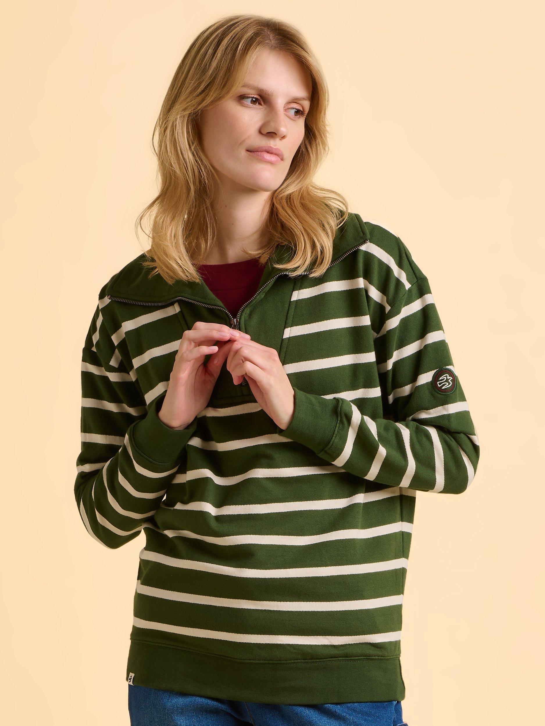 Product image 5 of 5, which shows Brakeburn Charmouth Cotton Stripe Zip Neck Sweatshirt, Green, 8