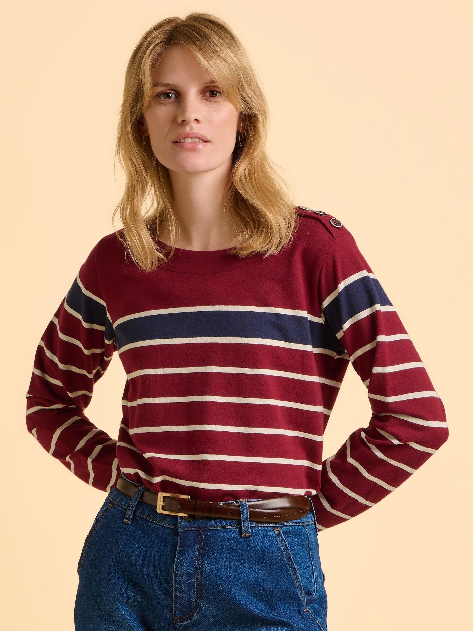 Product image 1 of 6, which shows Brakeburn Classic Bella Cotton Sripe Crew Neck Sweatshirt, Burgundy, 8