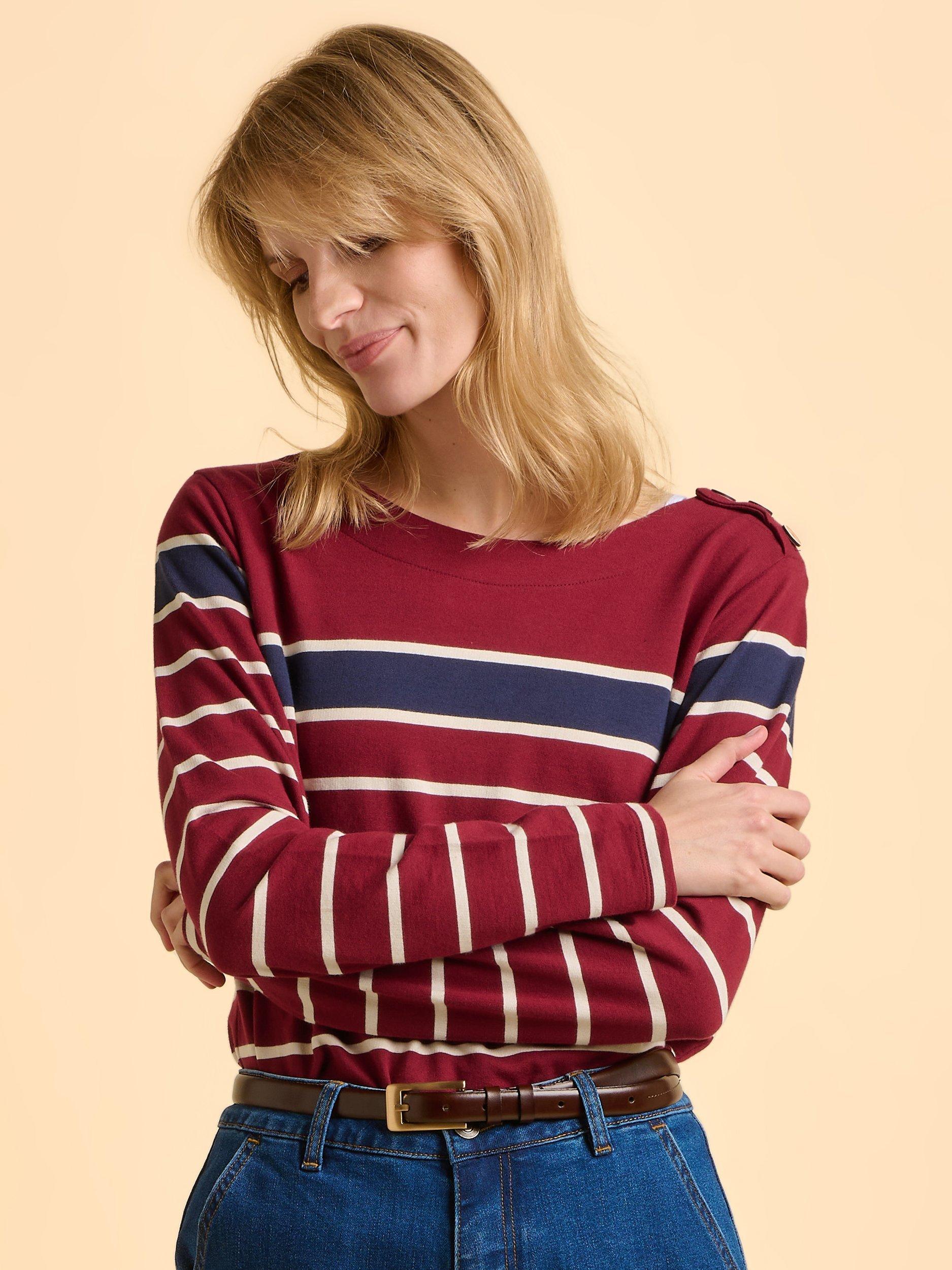 Product image 5 of 6, which shows Brakeburn Classic Bella Cotton Sripe Crew Neck Sweatshirt, Burgundy, 8