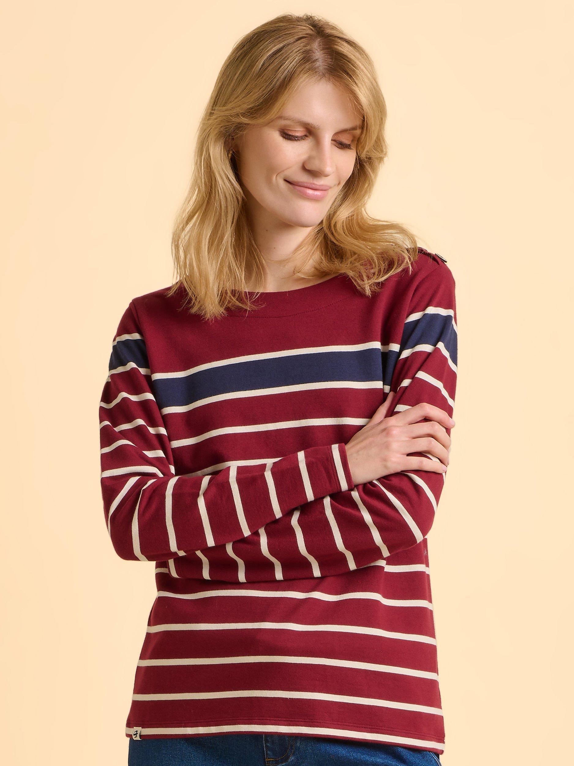 Product image 6 of 6, which shows Brakeburn Classic Bella Cotton Sripe Crew Neck Sweatshirt, Burgundy, 8