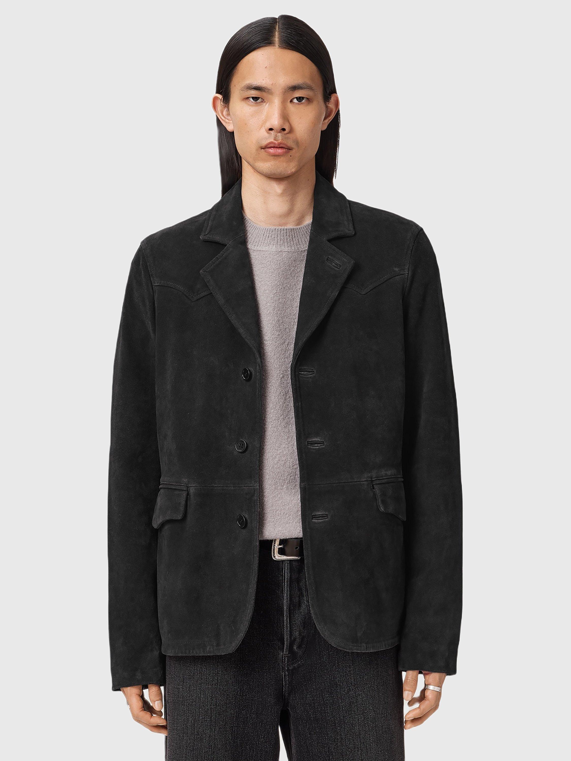 Product image 1 of 7, which shows AllSaints Hornett Leather Blazer, Twilight Black, XXL