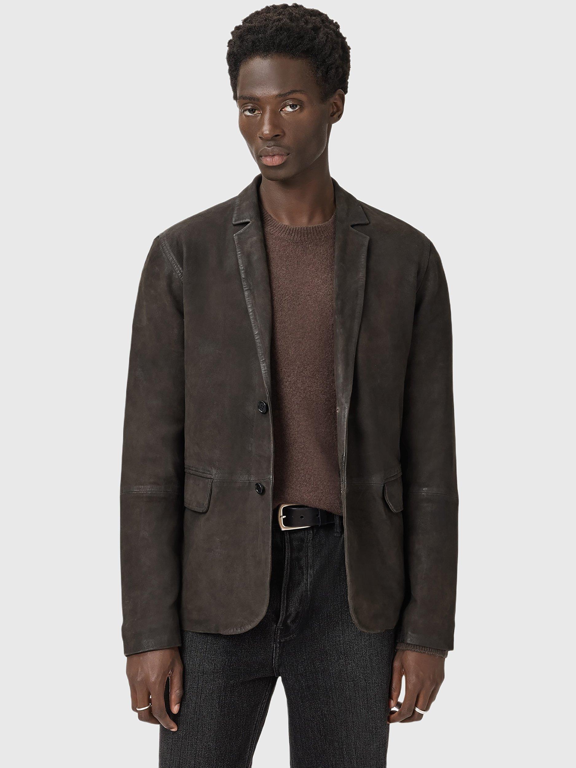 Product image 1 of 8, which shows AllSaints Monet Leather Blazer, Mole Brown, XL