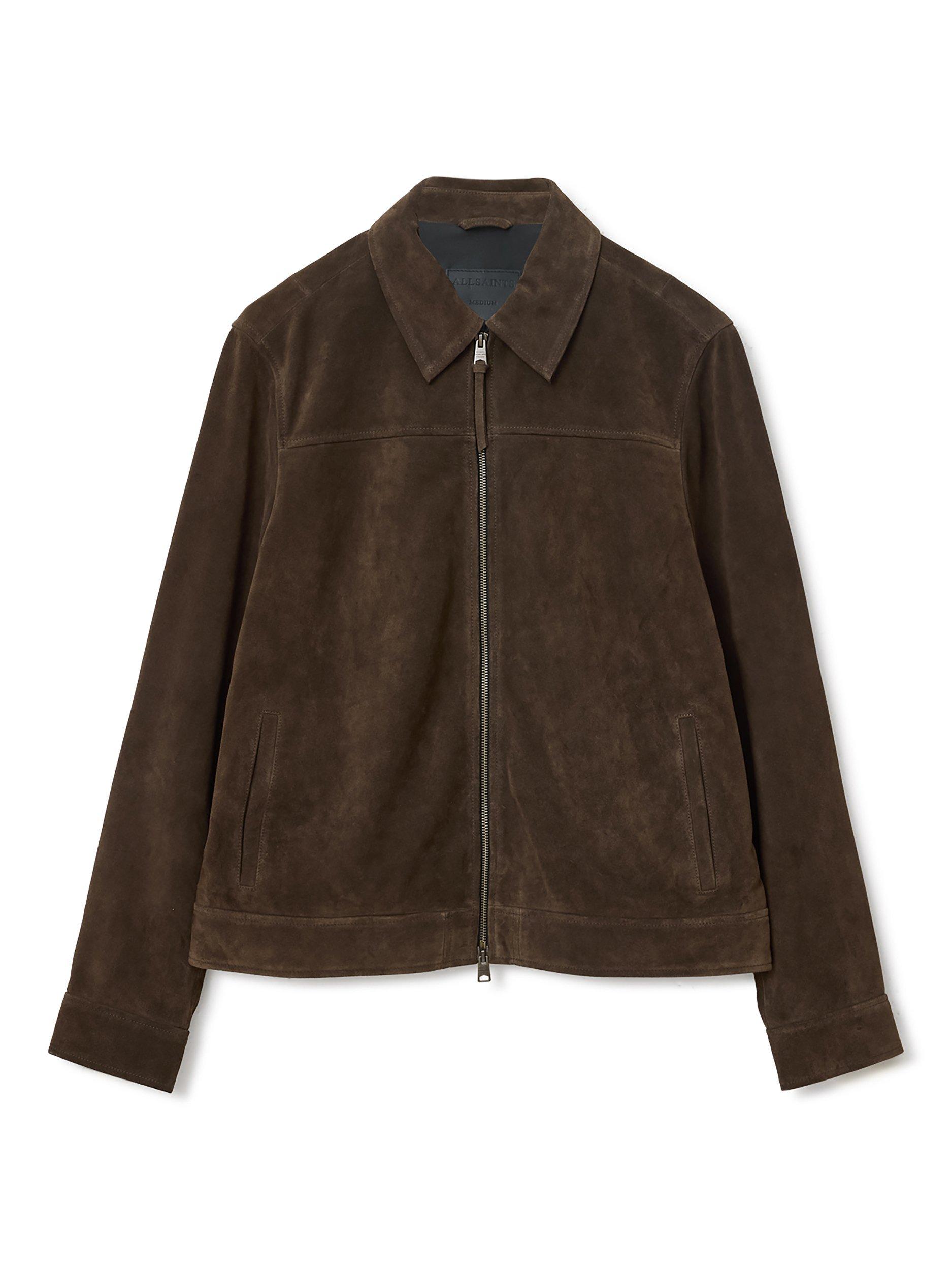 Product image 4 of 9, which shows AllSaints Rhone Zip Front Leather Jacket, Cocoa Brown, XS