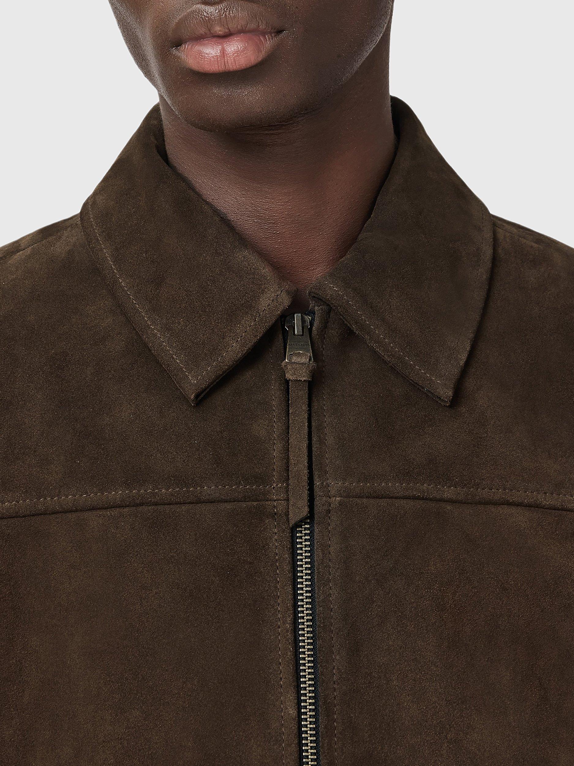 Product image 5 of 9, which shows AllSaints Rhone Zip Front Leather Jacket, Cocoa Brown, XS