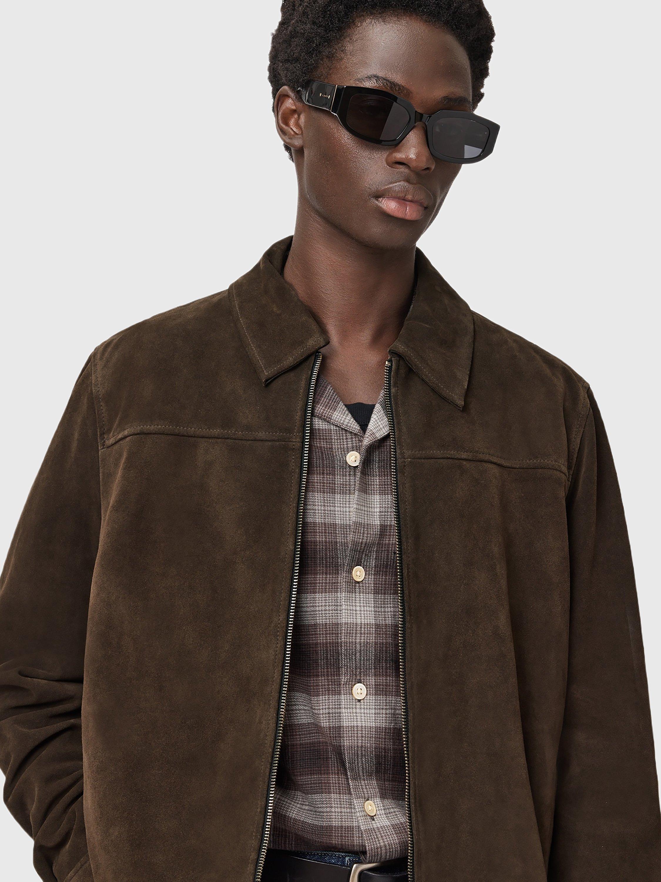 Product image 6 of 9, which shows AllSaints Rhone Zip Front Leather Jacket, Cocoa Brown, XS