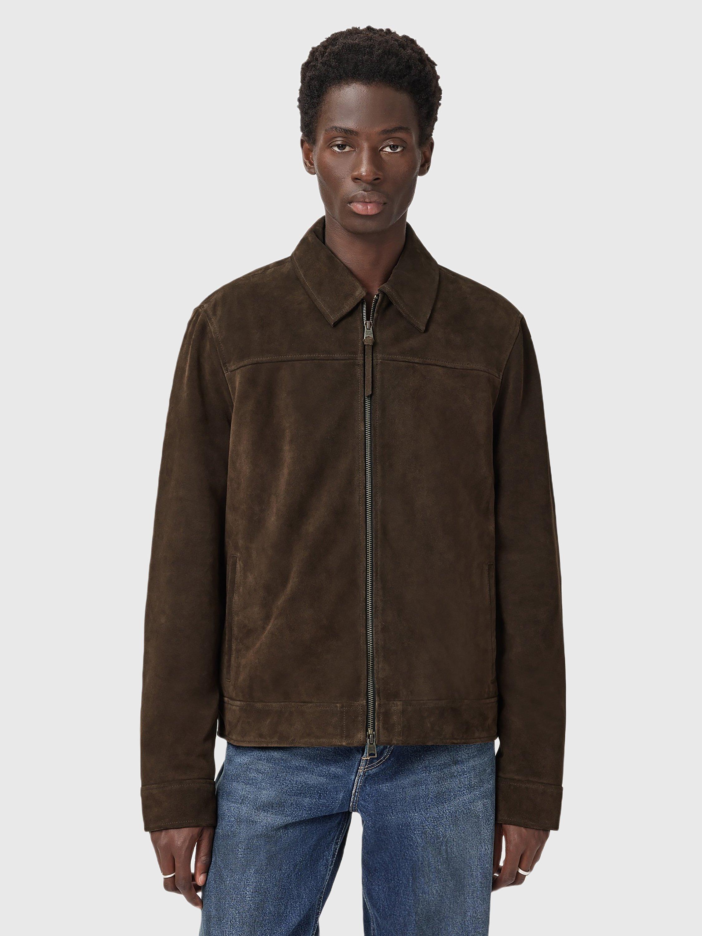 Product image 8 of 9, which shows AllSaints Rhone Zip Front Leather Jacket, Cocoa Brown, XS