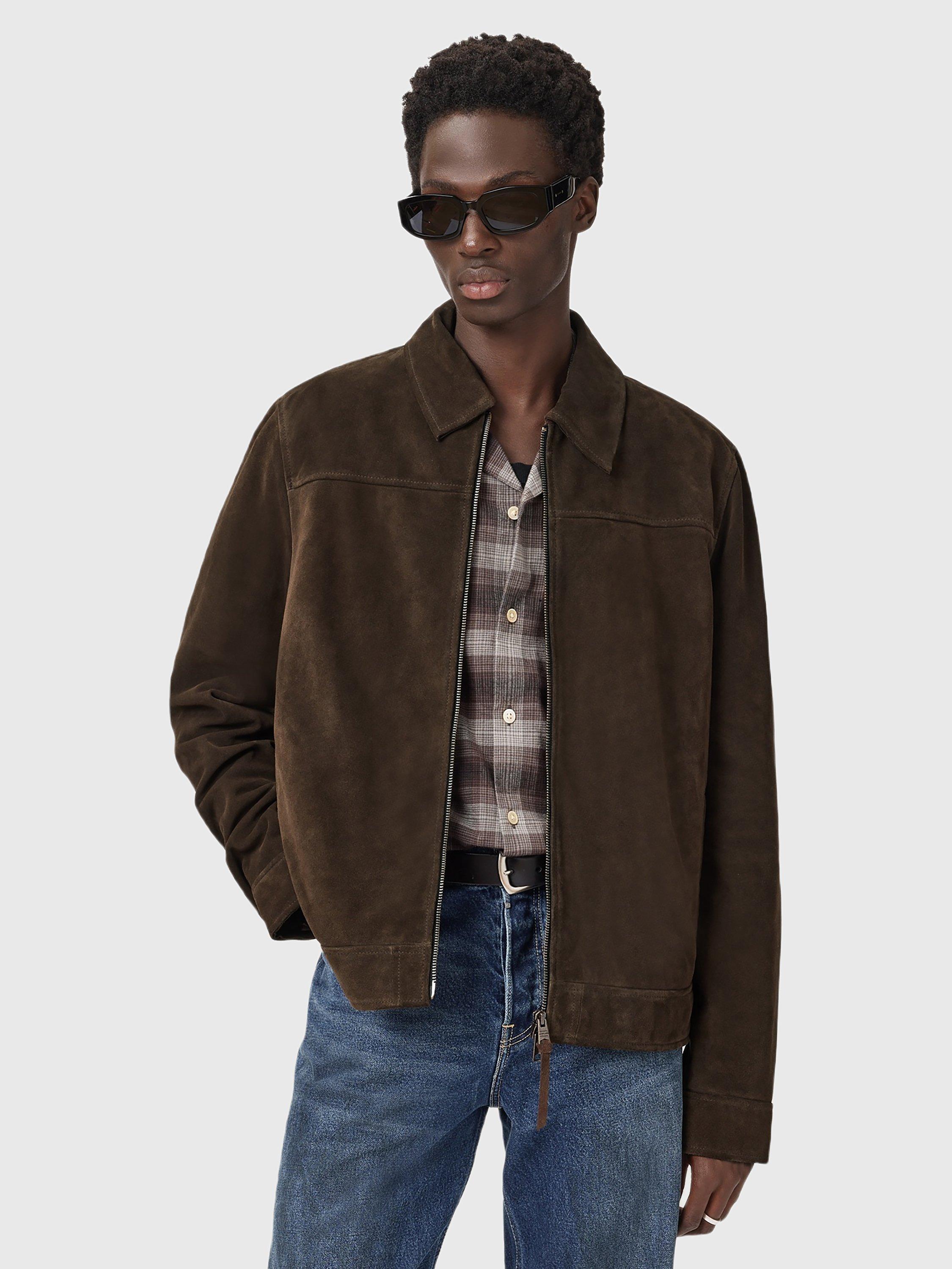 Product image 9 of 9, which shows AllSaints Rhone Zip Front Leather Jacket, Cocoa Brown, XS