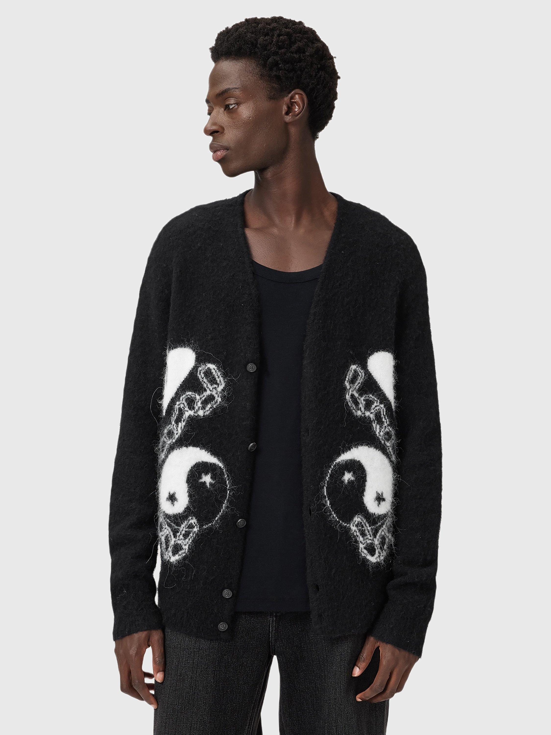 Product image 1 of 7, which shows AllSaints Reflection Alpaca Wool Blend Cardigan, Black/Chalk White, M