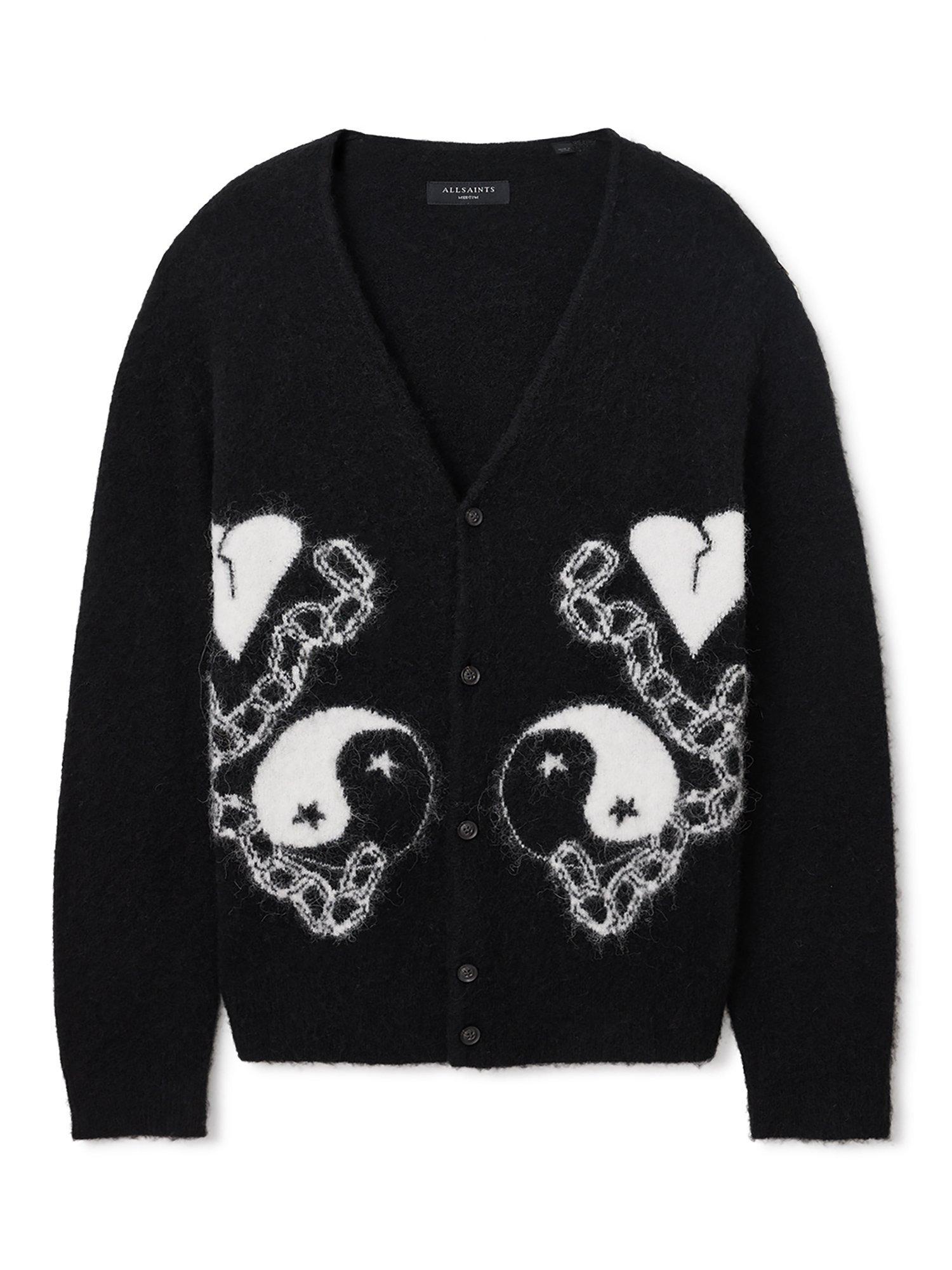 Product image 4 of 7, which shows AllSaints Reflection Alpaca Wool Blend Cardigan, Black/Chalk White, M