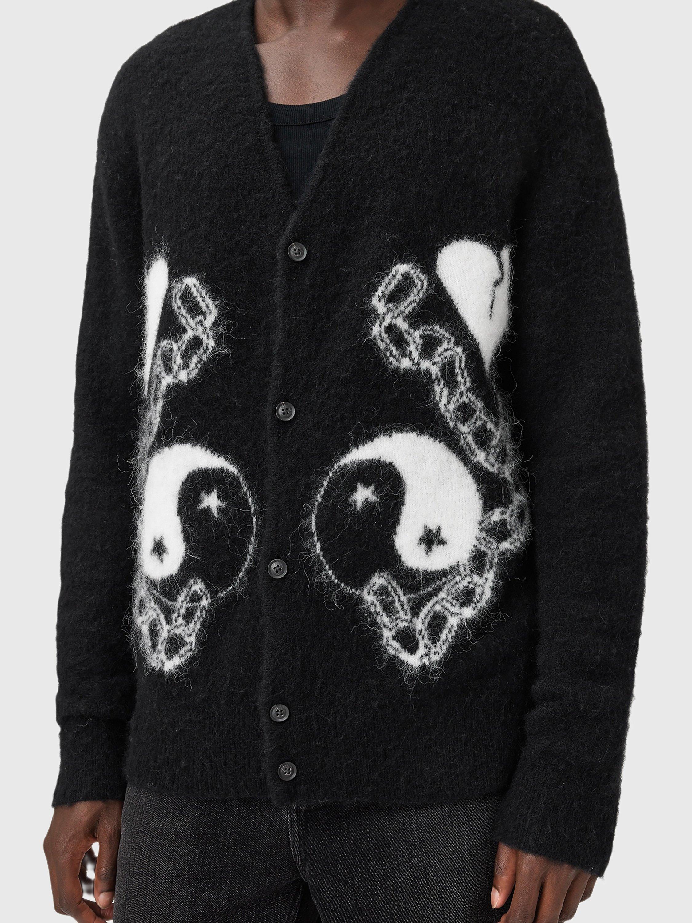 Product image 5 of 7, which shows AllSaints Reflection Alpaca Wool Blend Cardigan, Black/Chalk White, M