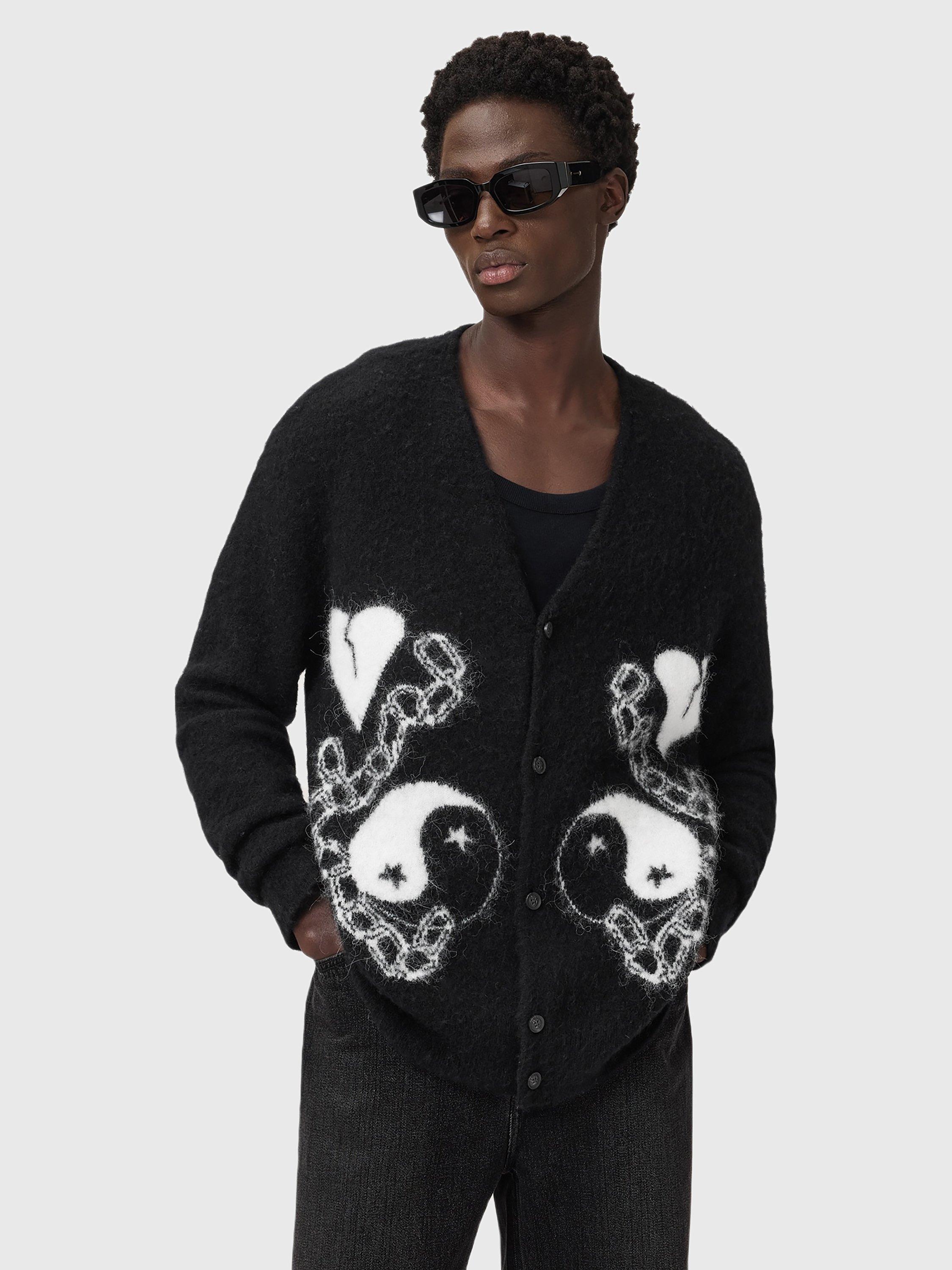 Product image 6 of 7, which shows AllSaints Reflection Alpaca Wool Blend Cardigan, Black/Chalk White, M
