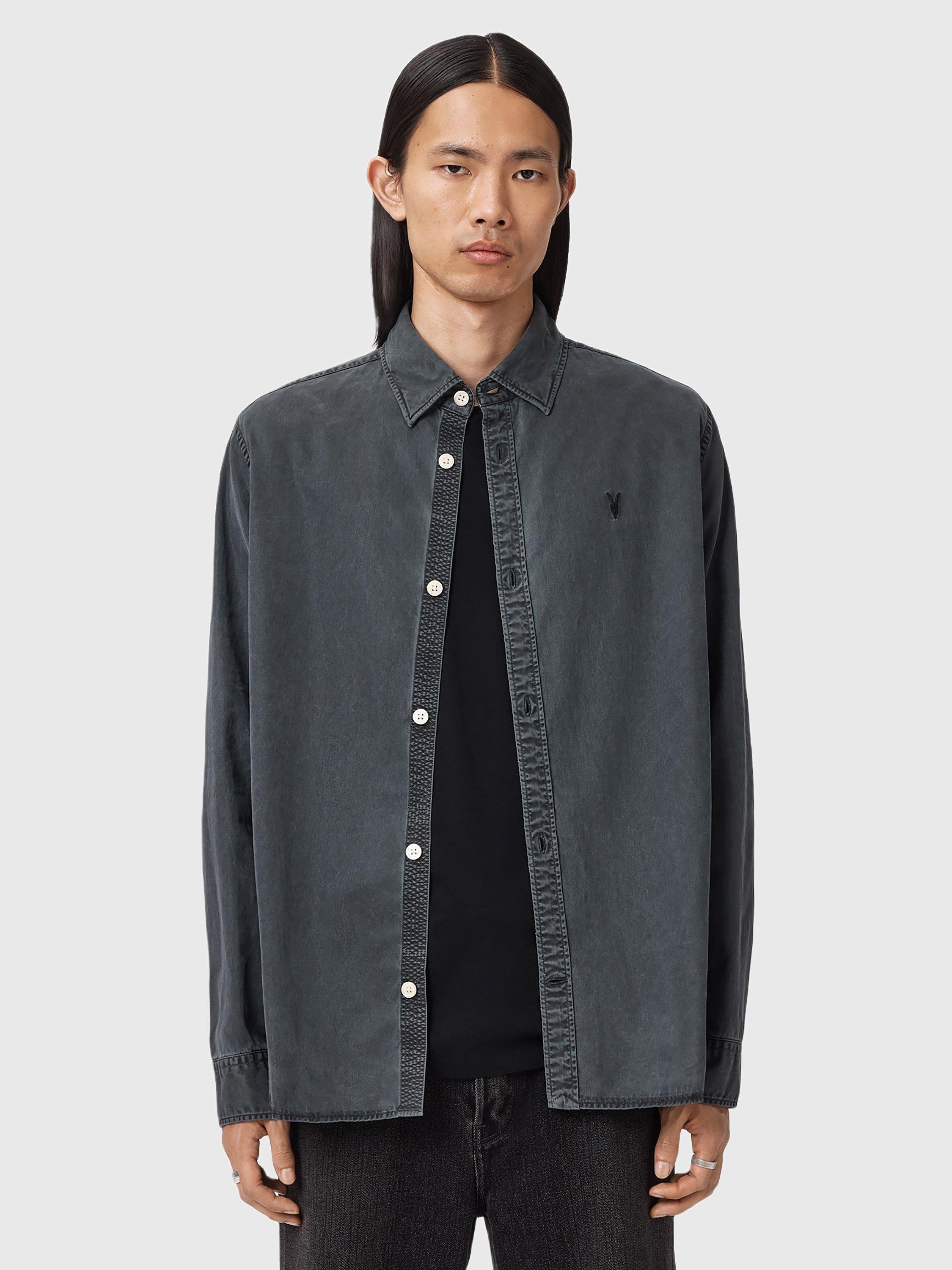 Product image 1 of 8, which shows AllSaints Bodhi Logo Overshirt, Blainn Black, L