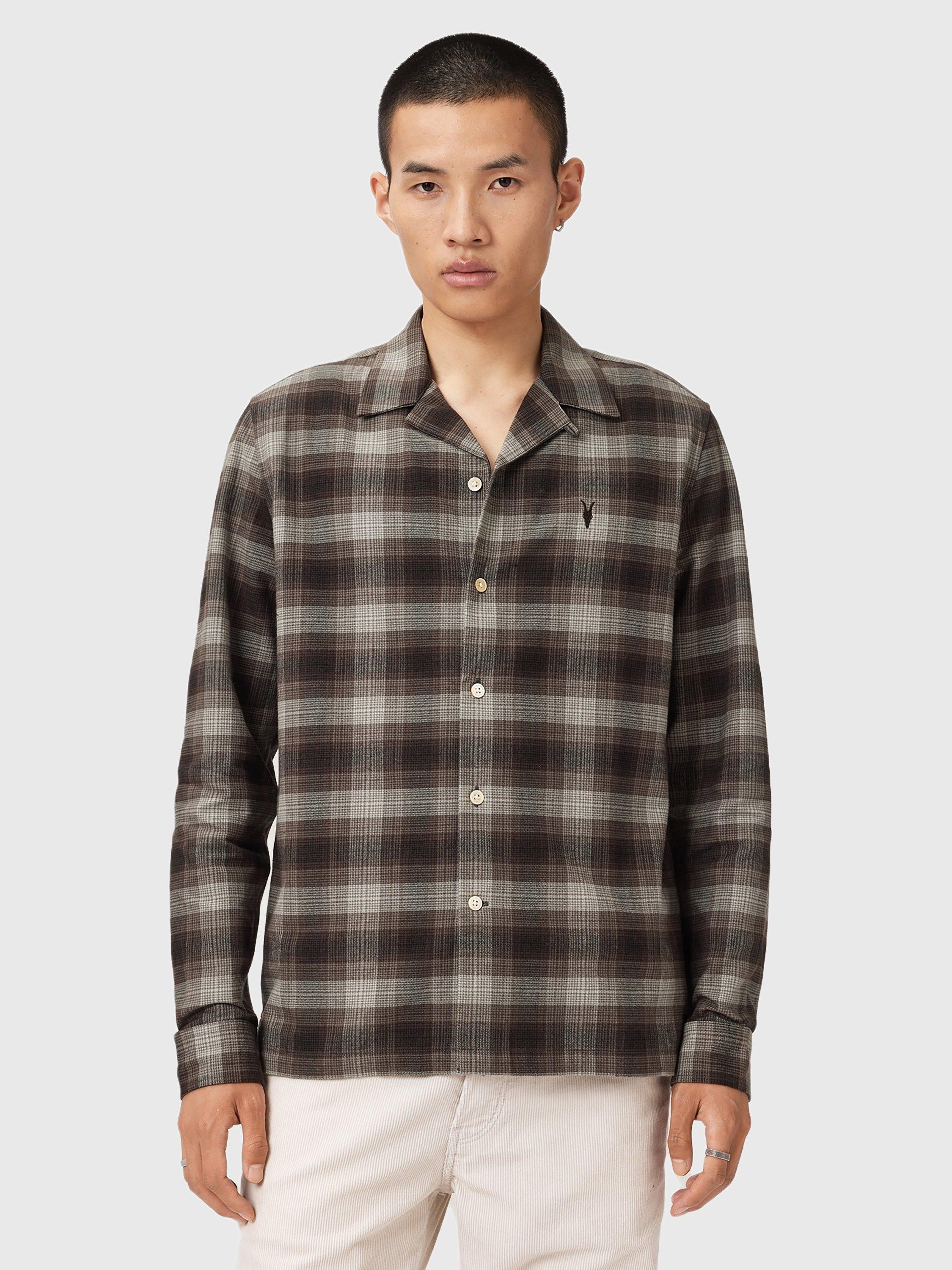 Product image 1 of 9, which shows AllSaints Iniko Check Cotton Shirt, Mole Brown, XS