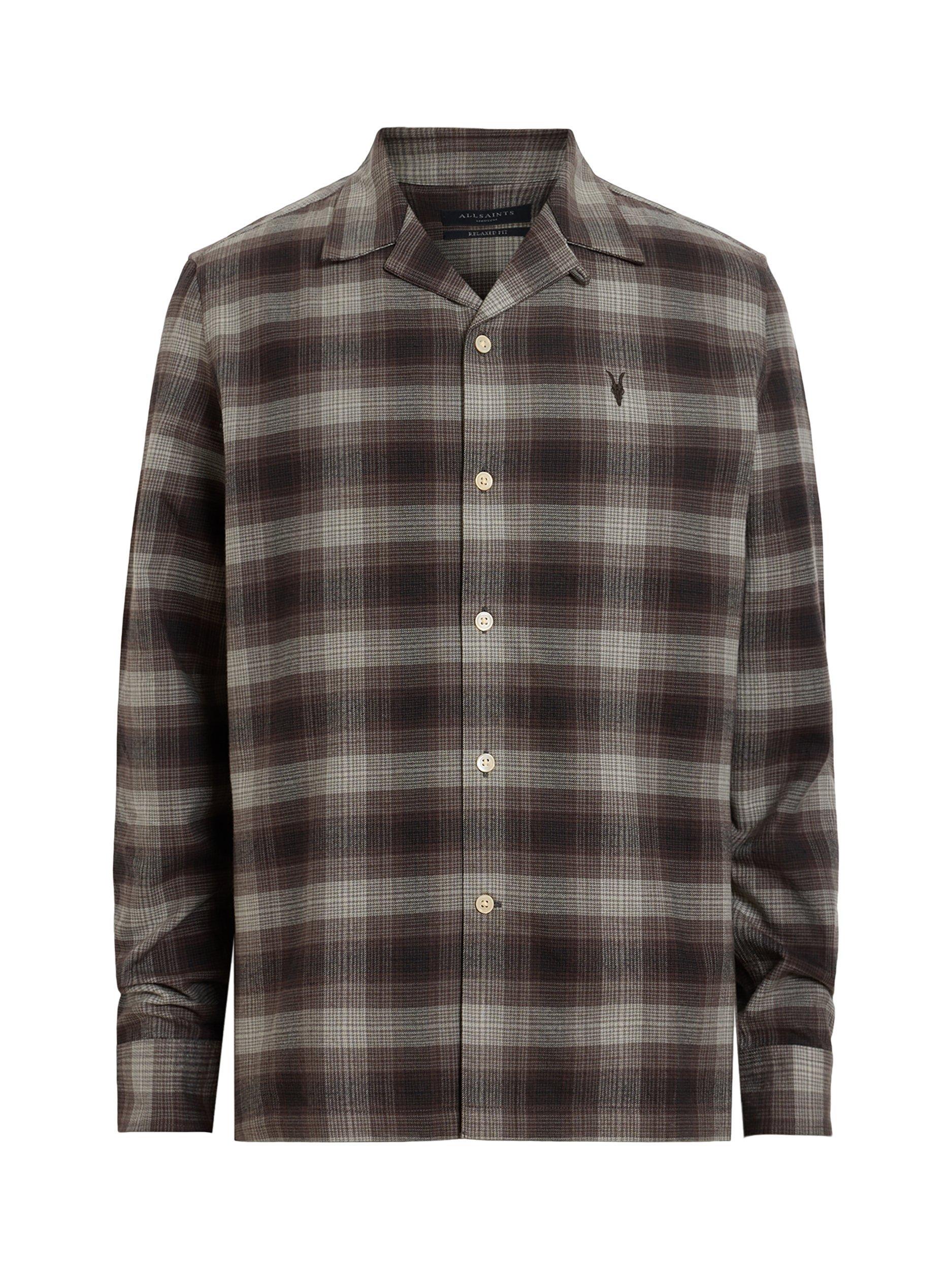 Product image 4 of 9, which shows AllSaints Iniko Check Cotton Shirt, Mole Brown, XS
