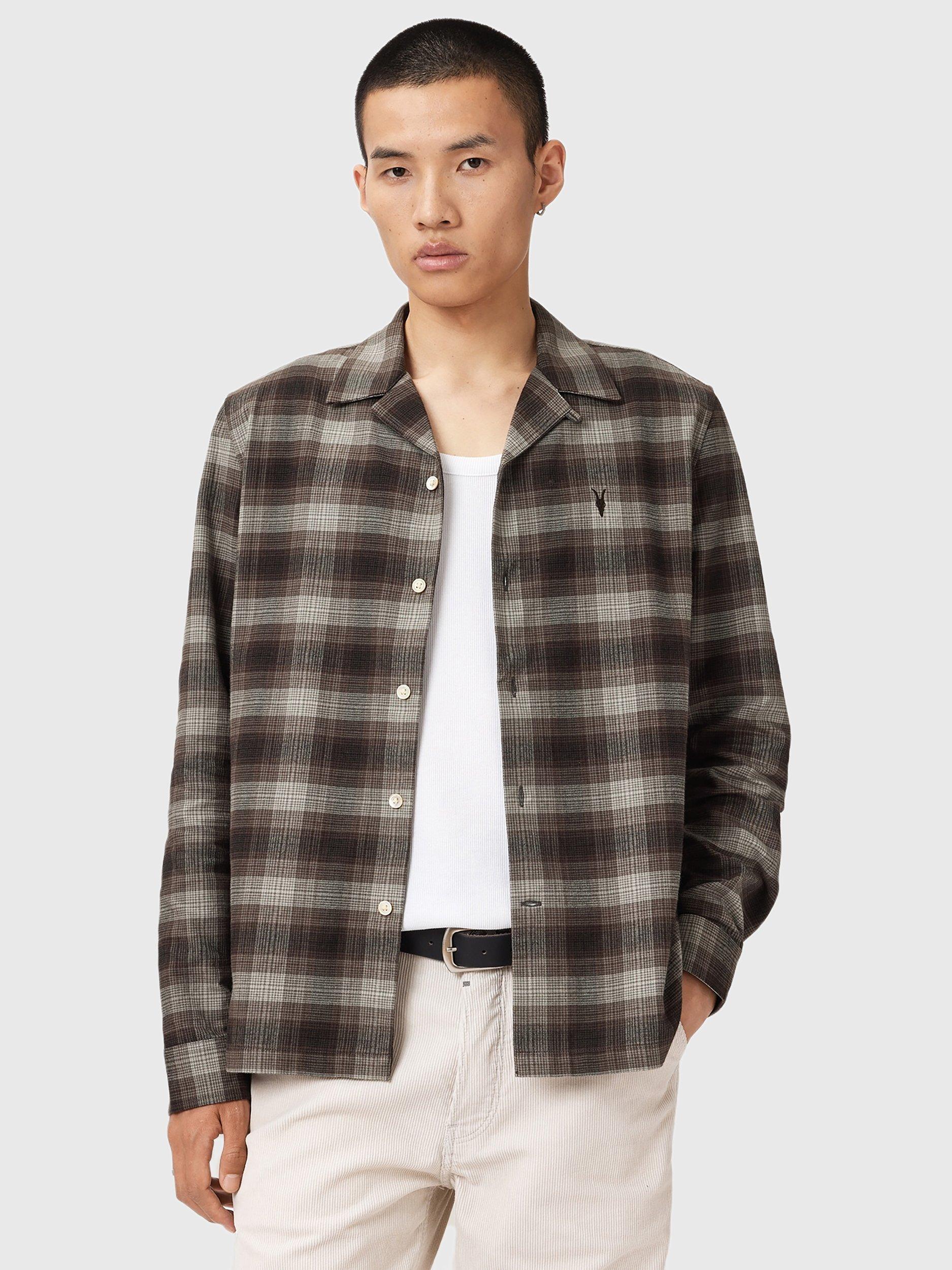 Product image 7 of 9, which shows AllSaints Iniko Check Cotton Shirt, Mole Brown, XS