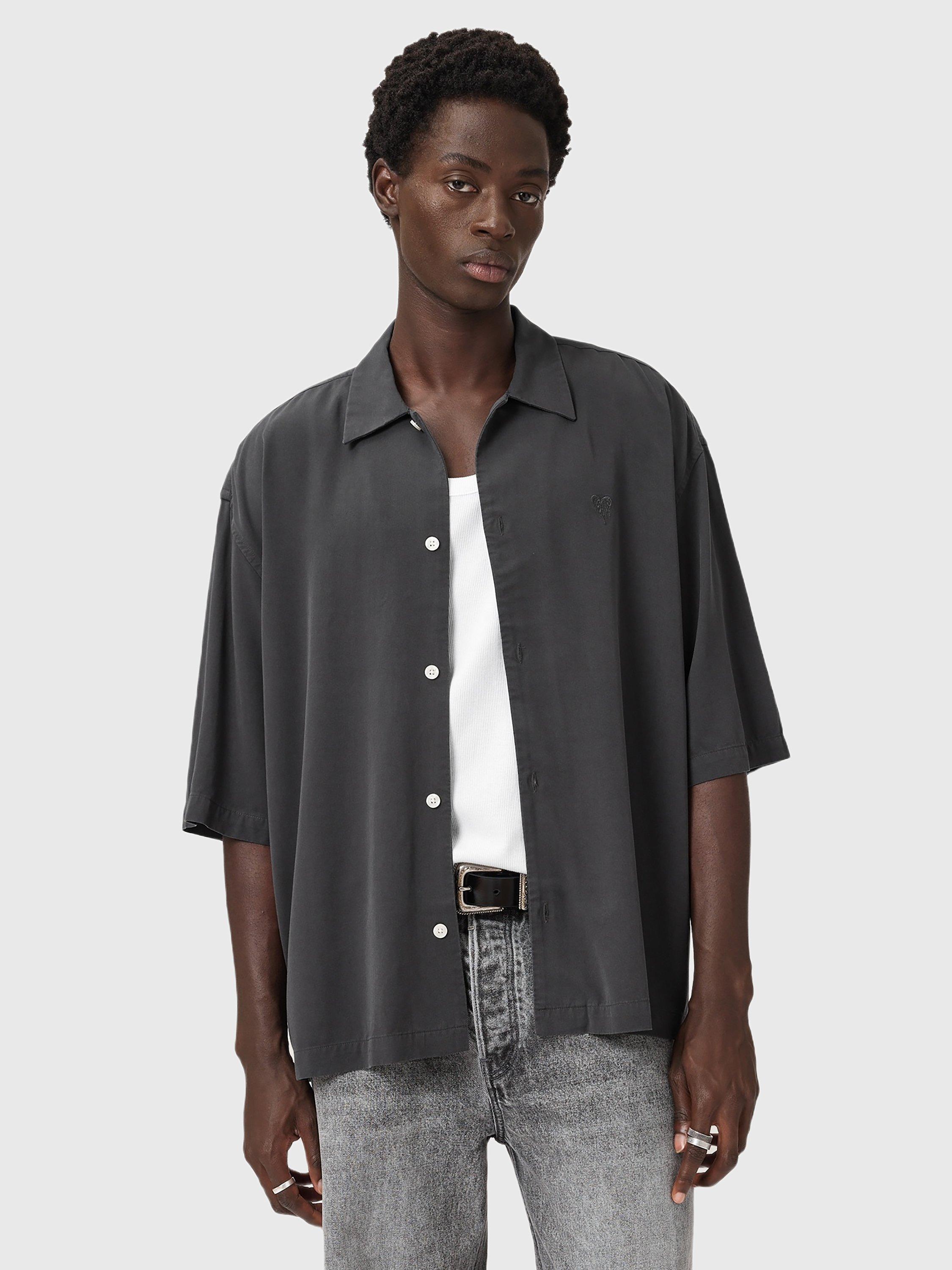 Product image 1 of 5, which shows AllSaints Rialto Short Sleeve Shirt, Raven Grey, XS